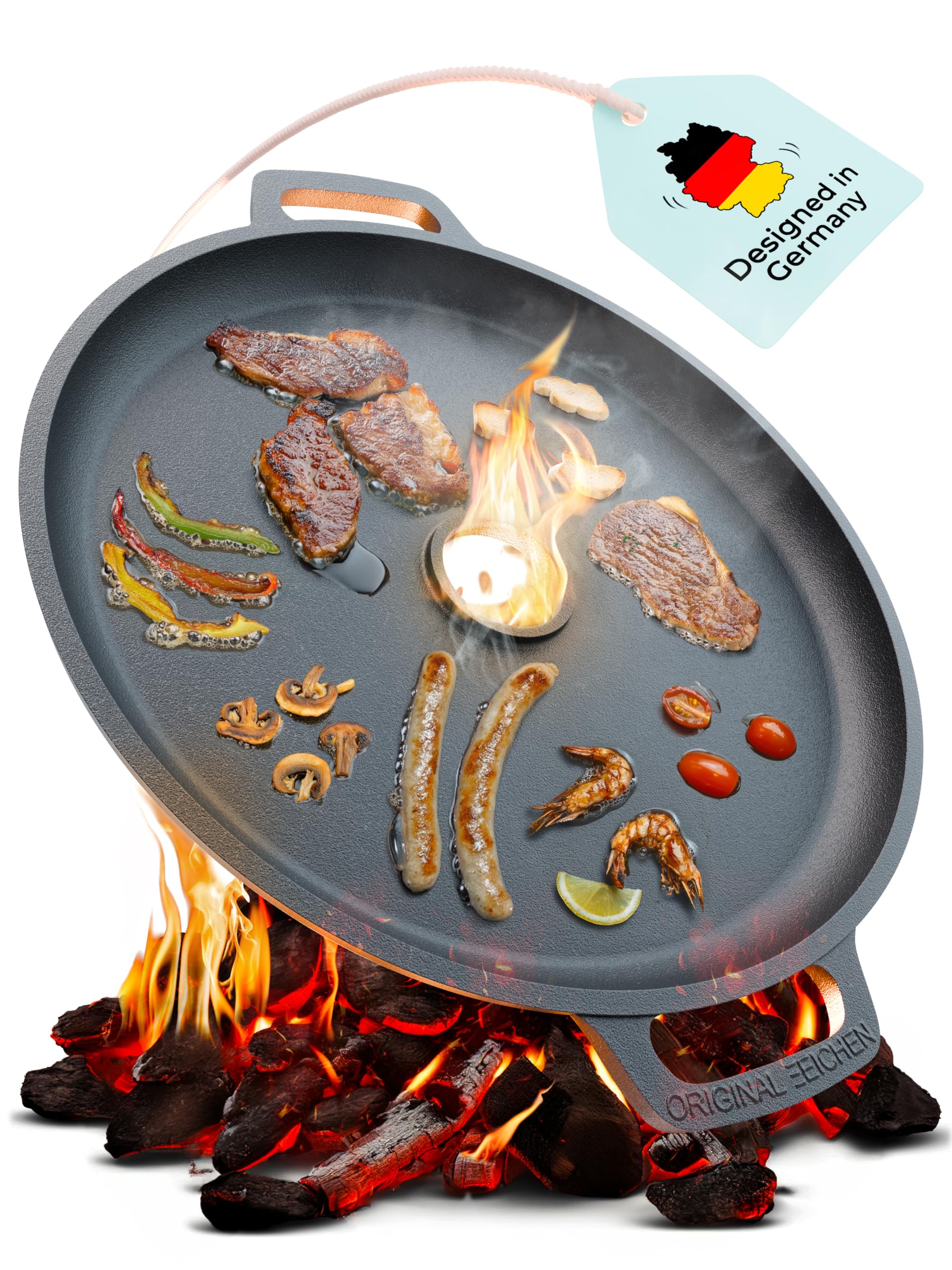 Feuerplatte aus Gusseisen mit Tropfschutz. Ø35cm. Grillplatte Plancha ideal für Raketenofen u.v.m. Outdoor BBQ-Platte mit Tragegriff. Grill Zubehör. Gusseisenpfanne. Stärke 5mm Loch Ø4cm Drei Eichen