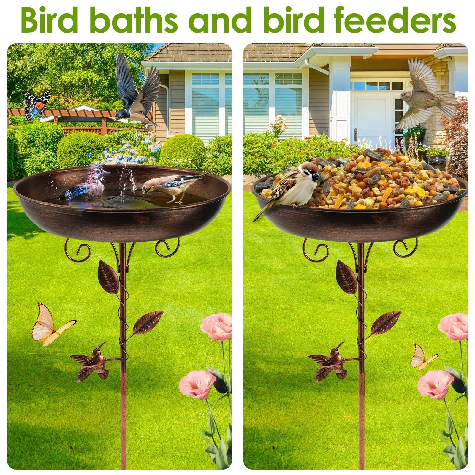 Metal Bebedero pajaros con Pie Comedero for pájaros, comedero for de 32 Pulgadas | Bebedero for pájaros independiente for jardín, Patio, patio, césped, bebedero for pájaros de pie