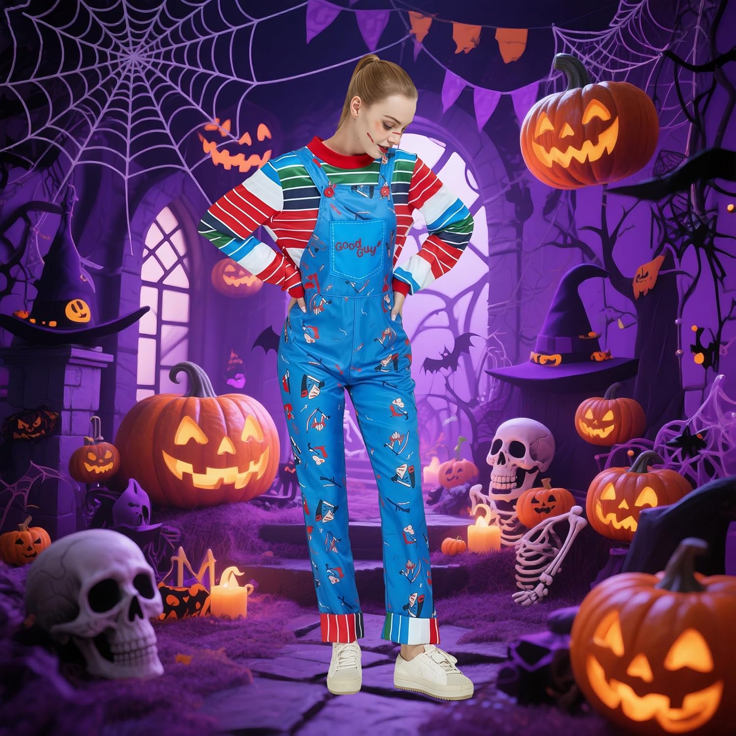 Women's Killer Doll Costume,Blue Cartoon Jumpsuit with Striped Shirt, Movie Inspired Cosplay Outfit - Image 3
