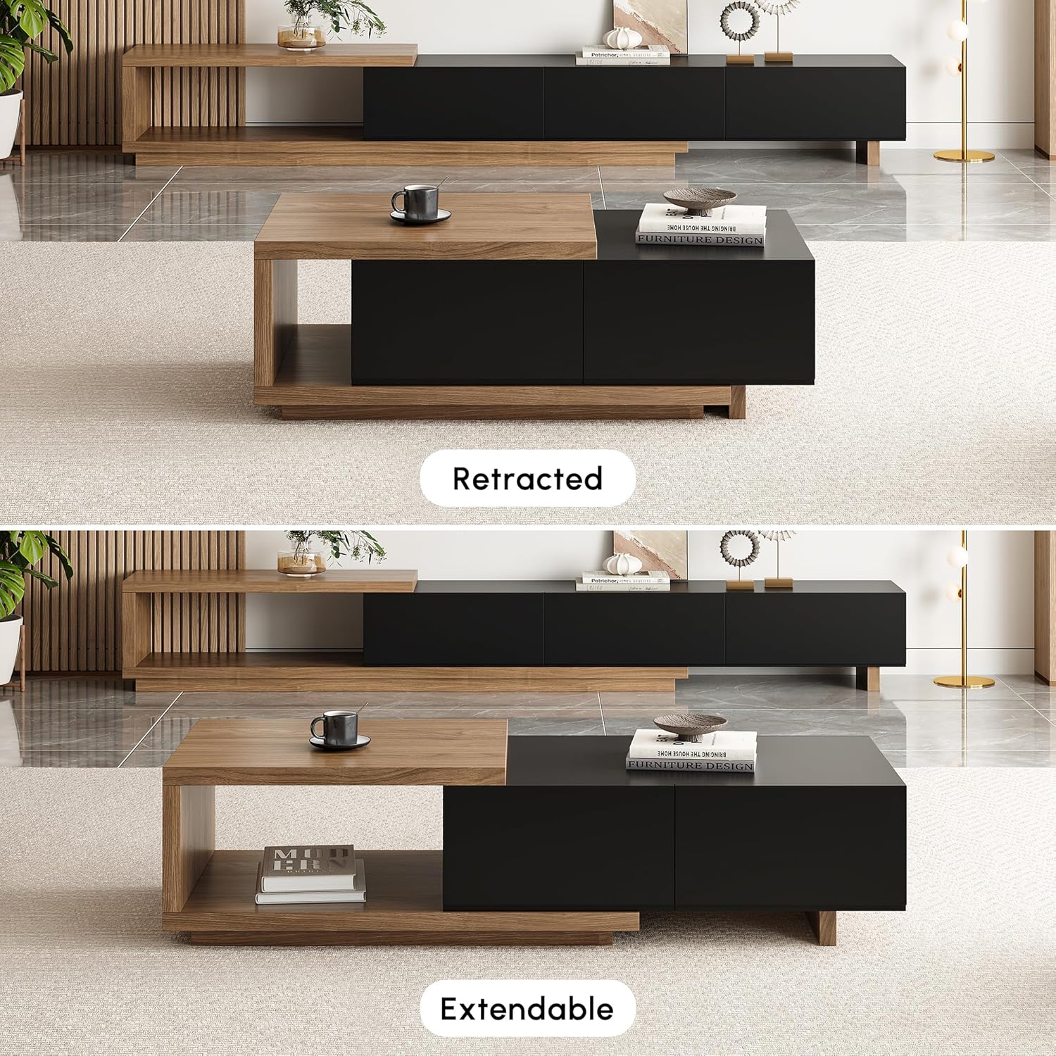 homary Extendable Coffee Table, 47"-69" Expandable Walnut Coffee Table with 2 Drawers, Modern Adjustable Center Table for Living Room & Small Spaces (Black & Walnut)