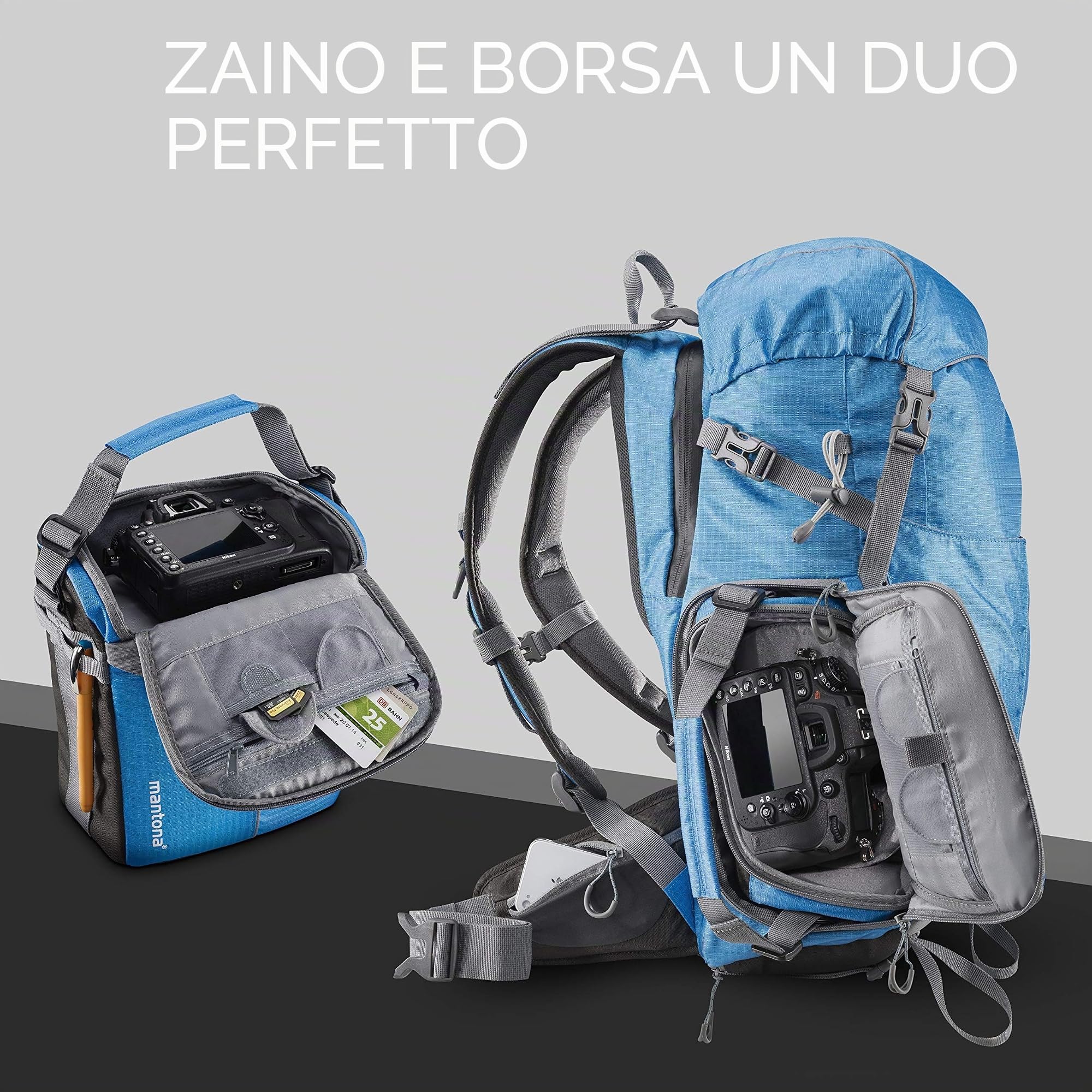Mantona Elements Outdoor Zaino blu 2in1 per fotocamera e trekking, borsa fotografica con scomparti imbottiti per DSLR, drone, con supporto treppiede e copertura antipioggia
