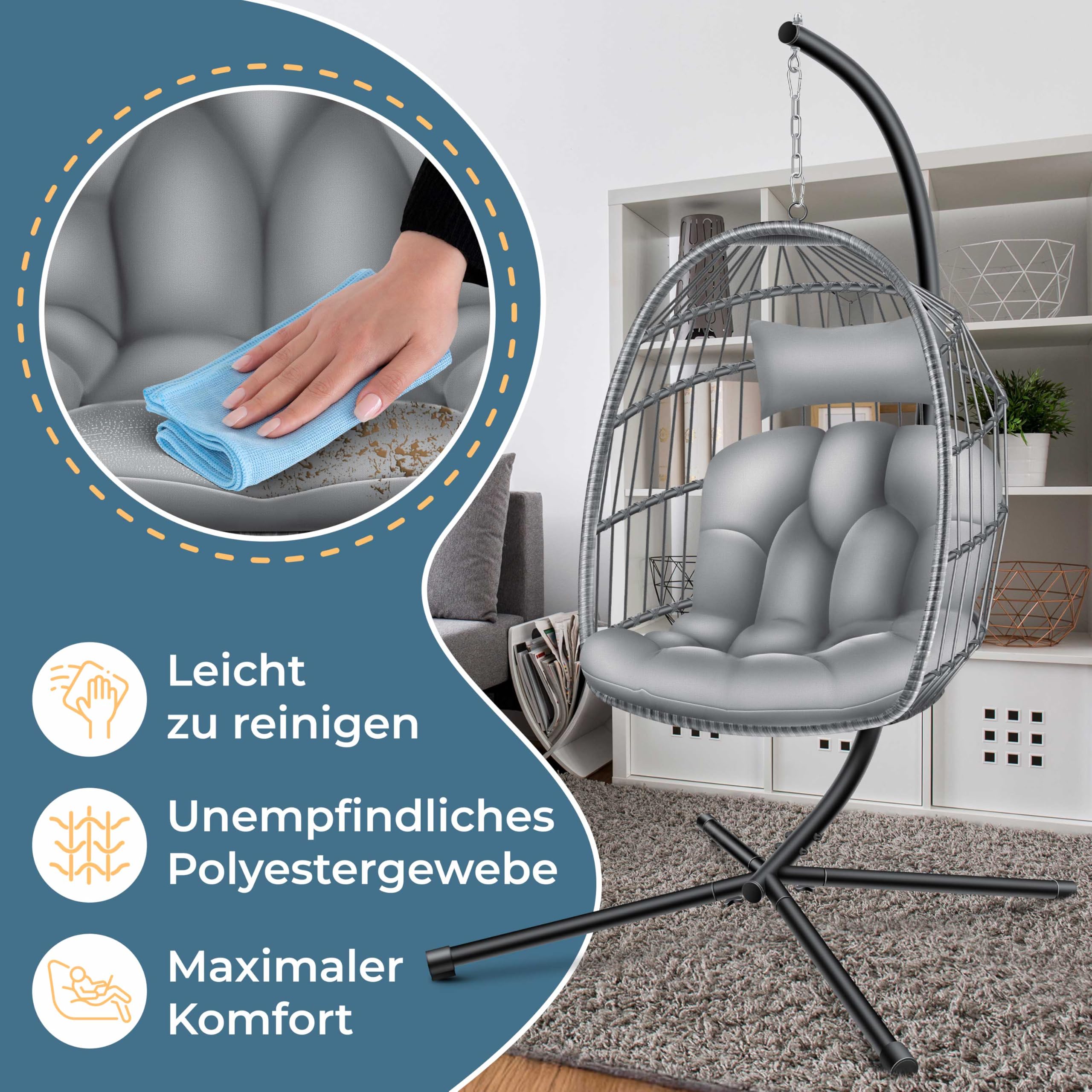 KESSER® Hängesessel Jungle mit Gestell Stahl Hängekorb Sessel Großen Kissen + Decken Halterung + Cover Hängeschaukel Hängesitz Indoor - Outdoor Schaukel Hängestuhl für Kinder und Erwachsene, Grau