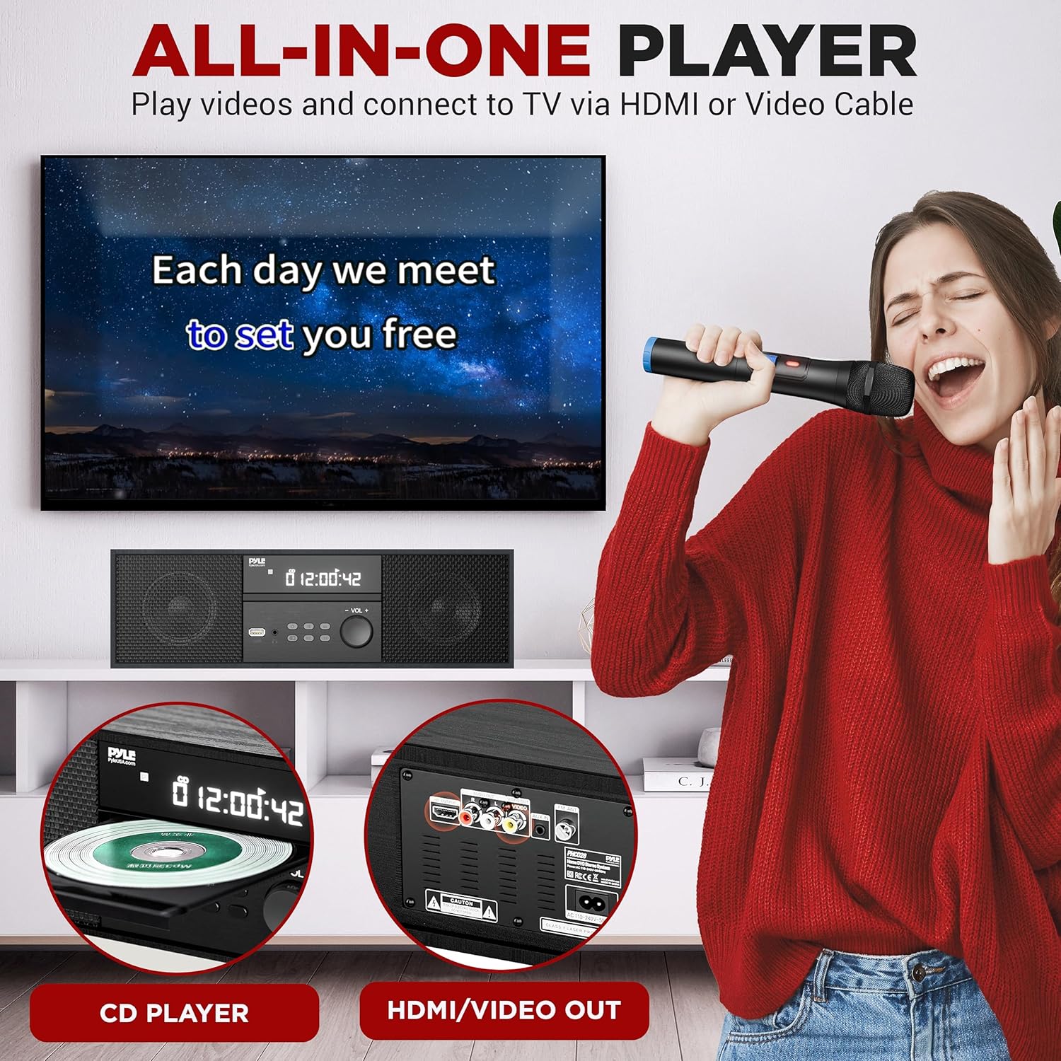 Pyle Home CD/DVD Stereo Shelf System - 200W Remote Operated Player w/Wireless Microphone, BT Connectivity, FM Radio/USB/Earphone/AUX, Supports HDMI, Adjustable Bass/Treble (Grey & Silver)