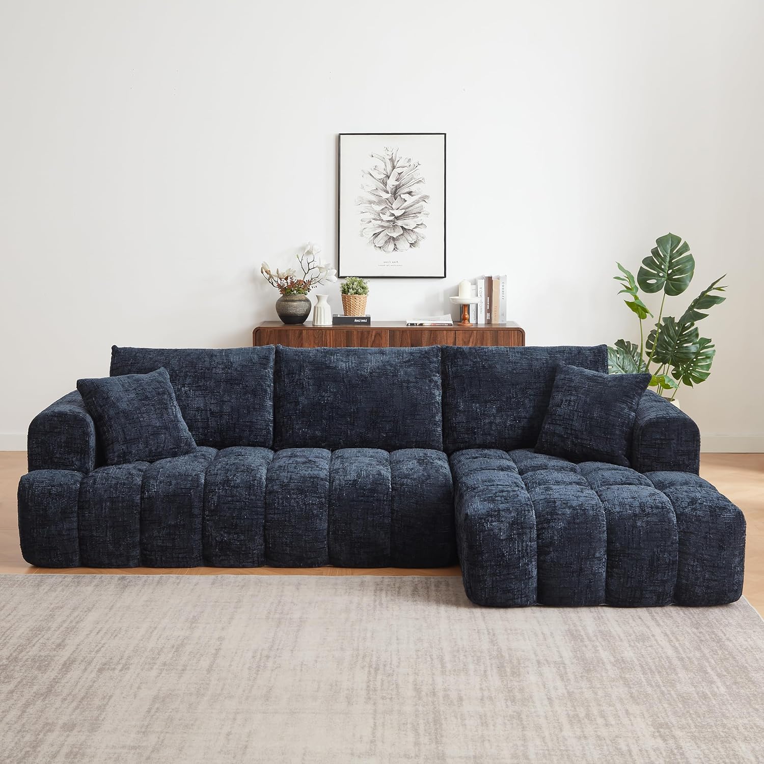 L-Shaped Sectional Couch 2-Piece Right Facing Modular Convertible Sectional Sofa for Living Room, 108-Inch L-Shaped Chenille Upholstered Full Foam Floor Sofa Couch with Left Chaise Lounge & 5 Pillows