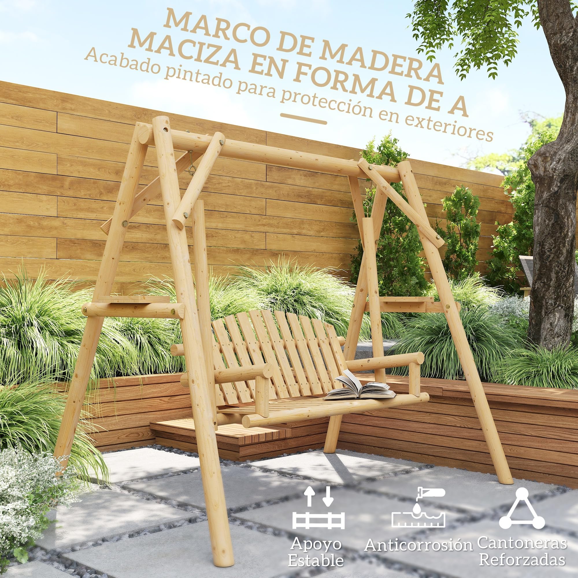 Outsunny Banco Columpio de Jardín de Madera de 2 Plazas Balancín de Jardín Exterior con Bandejas Laterales Reposabrazos y Estructura en A para Patio Porche Carga 240 kg 200x135x175 cm Natural