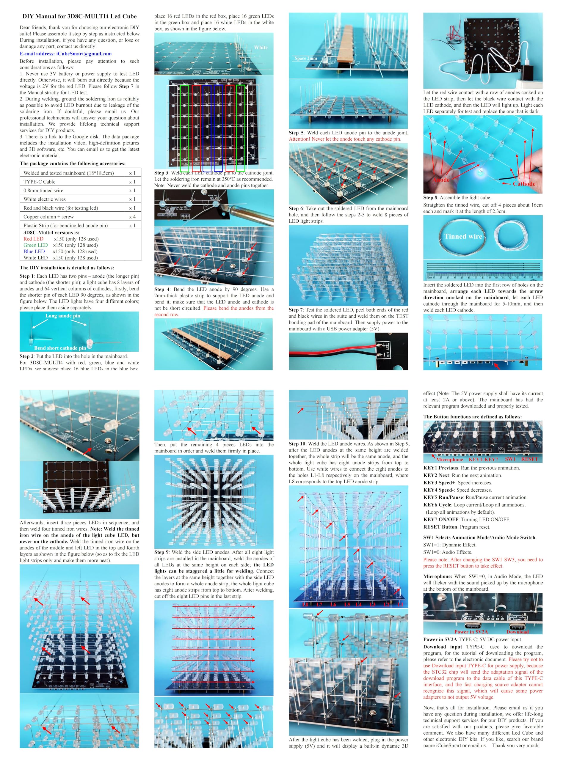 Kit cubo LED 8x8x8 Kit Fai da Te Kit di Saldatura elettronico, l'utente Deve saldare Il LED e Il Contenuto visualizzato può Essere modificato. (MULTI4)