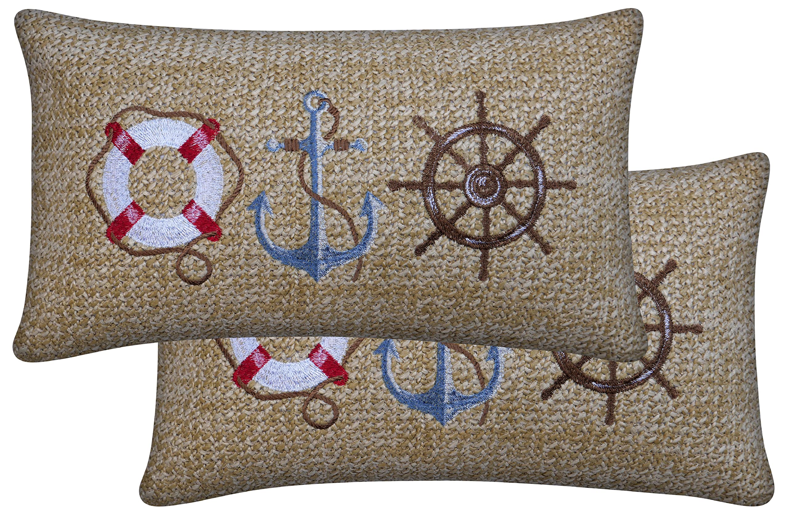 Honeycomb Indoor/Outdoor Raffia Sail Away Tan Lumbar Toss Pillow, Embroidered Faux Jute Fabric, Recycled Polyester Fill, Weather Resistant, 2 Pack of Decorative Toss Pillows: 19” x 12”