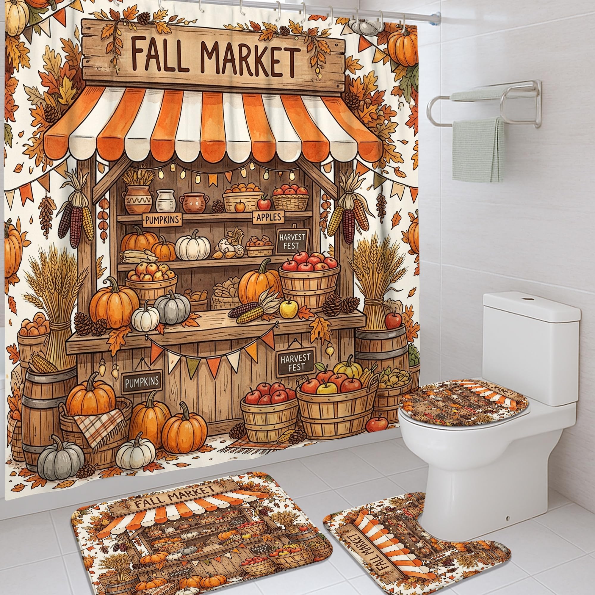 Rideau de douche citrouilles vintage orange automne avec tapis de bain et accessoires