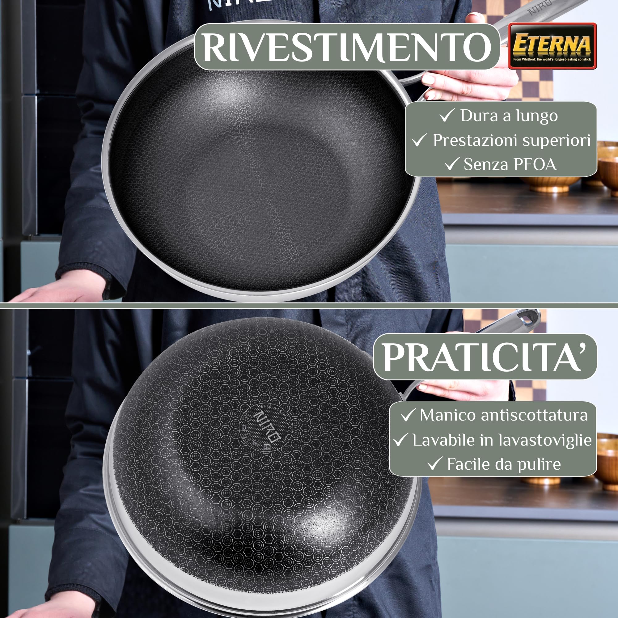NIRO Wok Antiaderente Triplo Strato (Acciaio Inox + Alluminio) Ø28cm, COPERCHIO INCLUSO, Antigraffio, NO PFOA, Per Piano Cottura Induzione, Ceramica, Elettrico, Gas, Forno, Manico Anti Scottatura