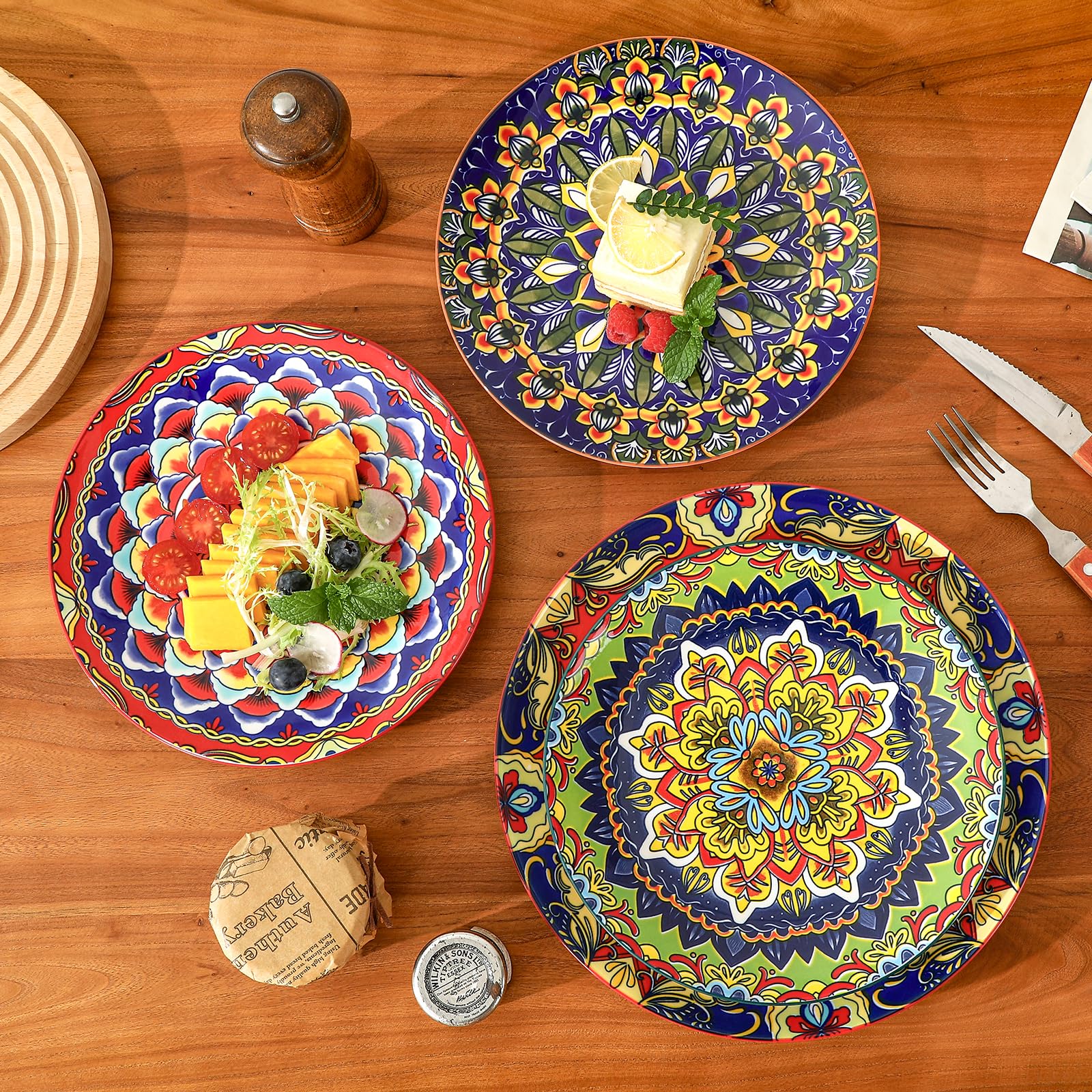 AHX Set di 6 Piatti Piani in Ceramica - Piatti Colorati Grandi per Portate Principali, Pasta, Insalata e Bistecca - Stile Bohémien - Adatti a Microonde e Lavastoviglie - 26,7 cm