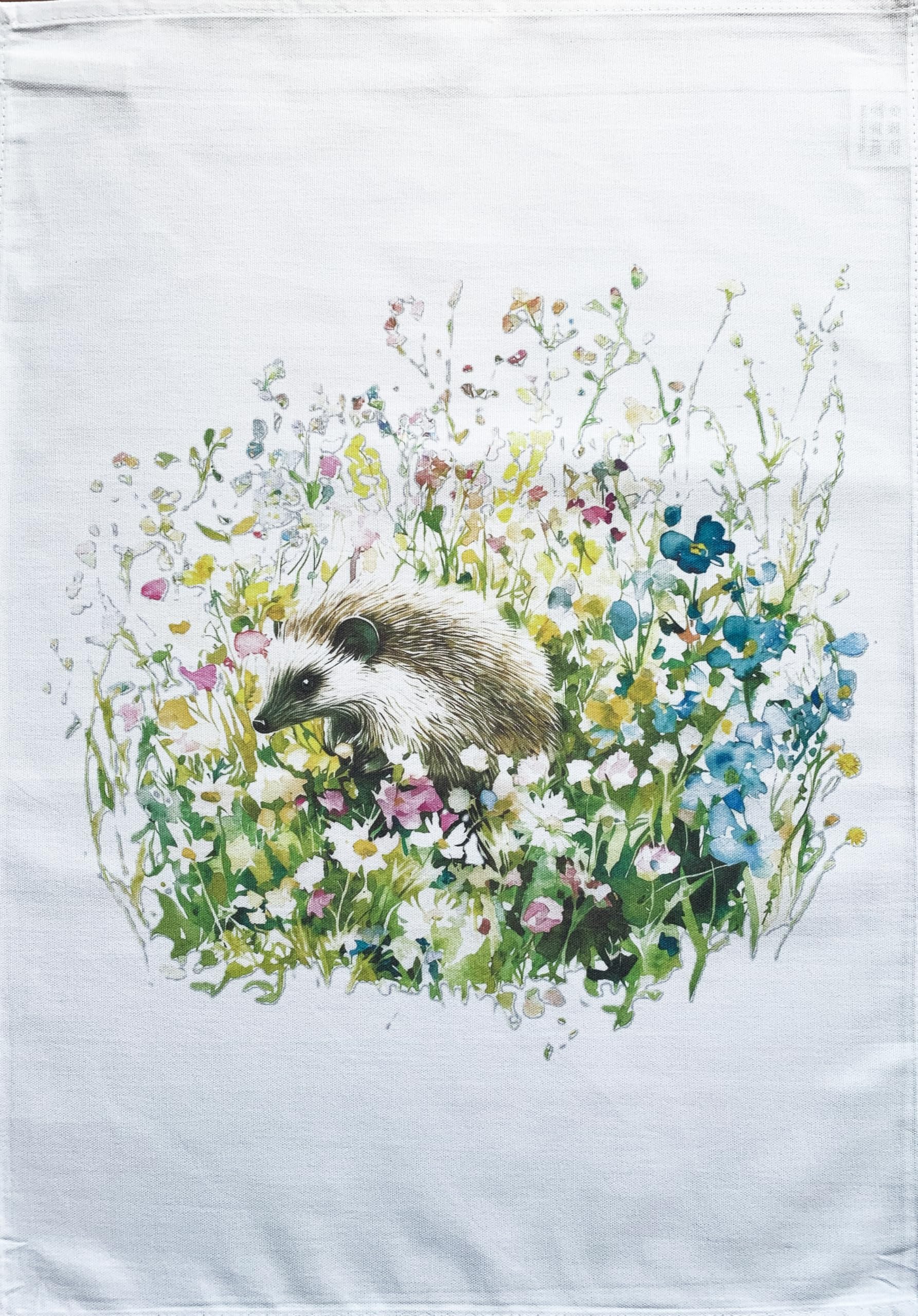 Half A Donkey White Hedgehog In Amongst The Flowers Large Cotton Tea Towel