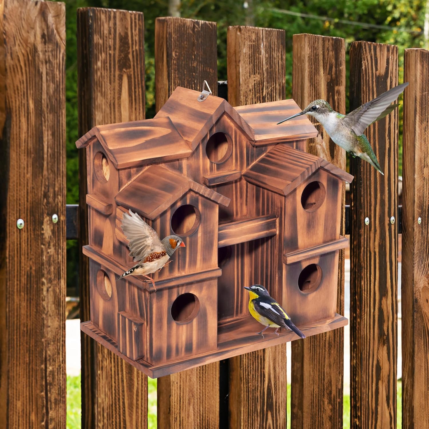 MIXUMON Wooden Bird Houses for Outside – 10 Rooms Multi-Chamber Bird House, Carbonized Pine Rustic Finish, 1.57" Entrance Holes, Individual Cleaning Doors, Decorative Outdoor Bird Nesting Box