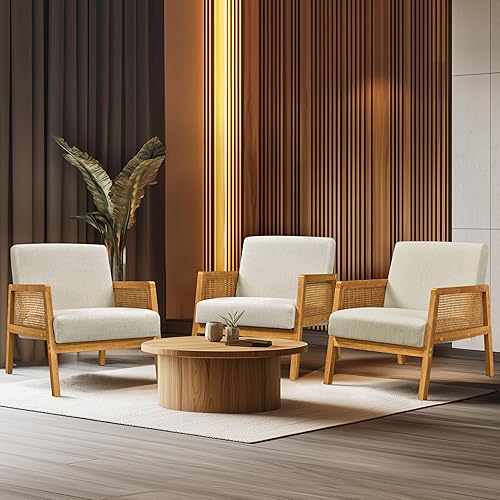 Miniatura 5 de Yaheetech Silla decorativa, sillón con reposabrazos de ratán y patas de madera, silla moderna de mediados de siglo, silla de sala de estar cómoda de