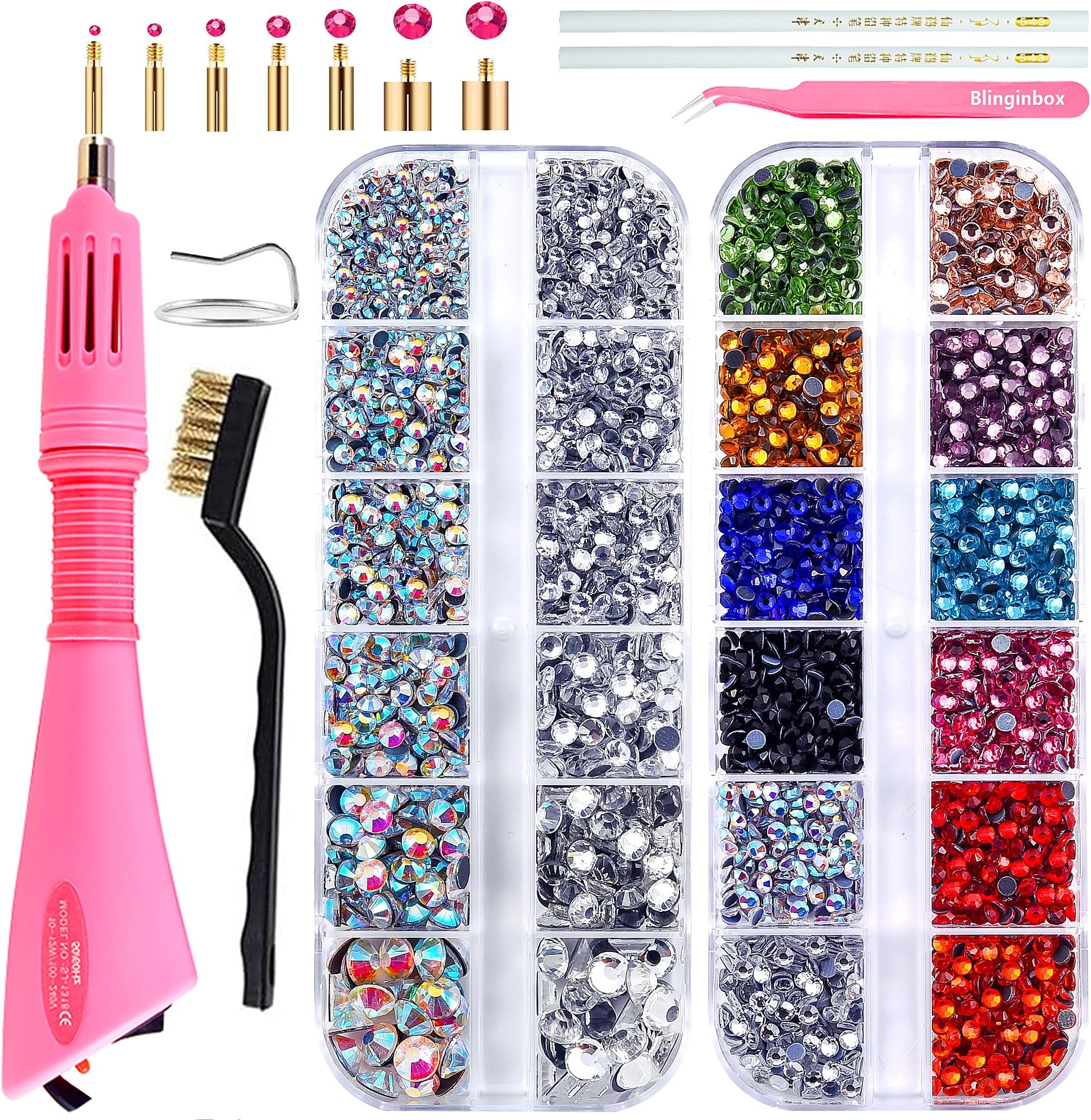 Blinginbox Hotfix Applicator Tool 2 Boxes of 4000 pcs Rhinestone with Flat Back Gems Round Hotfix Rhinestone for Clothes and Shoes