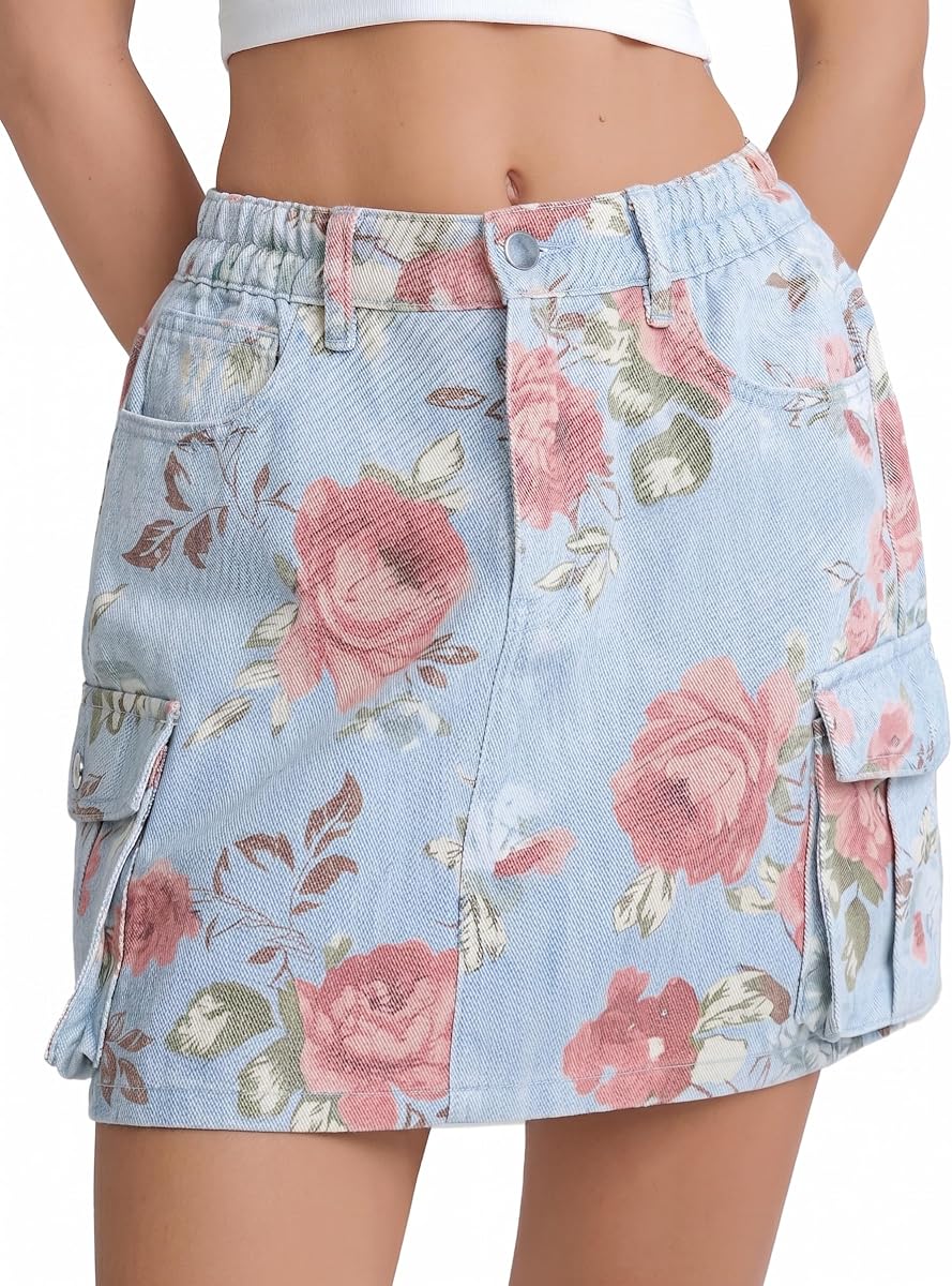 SCOFEEL Women’s Floral Denim Mini Skirt, High Waist Cargo Jean Skirt