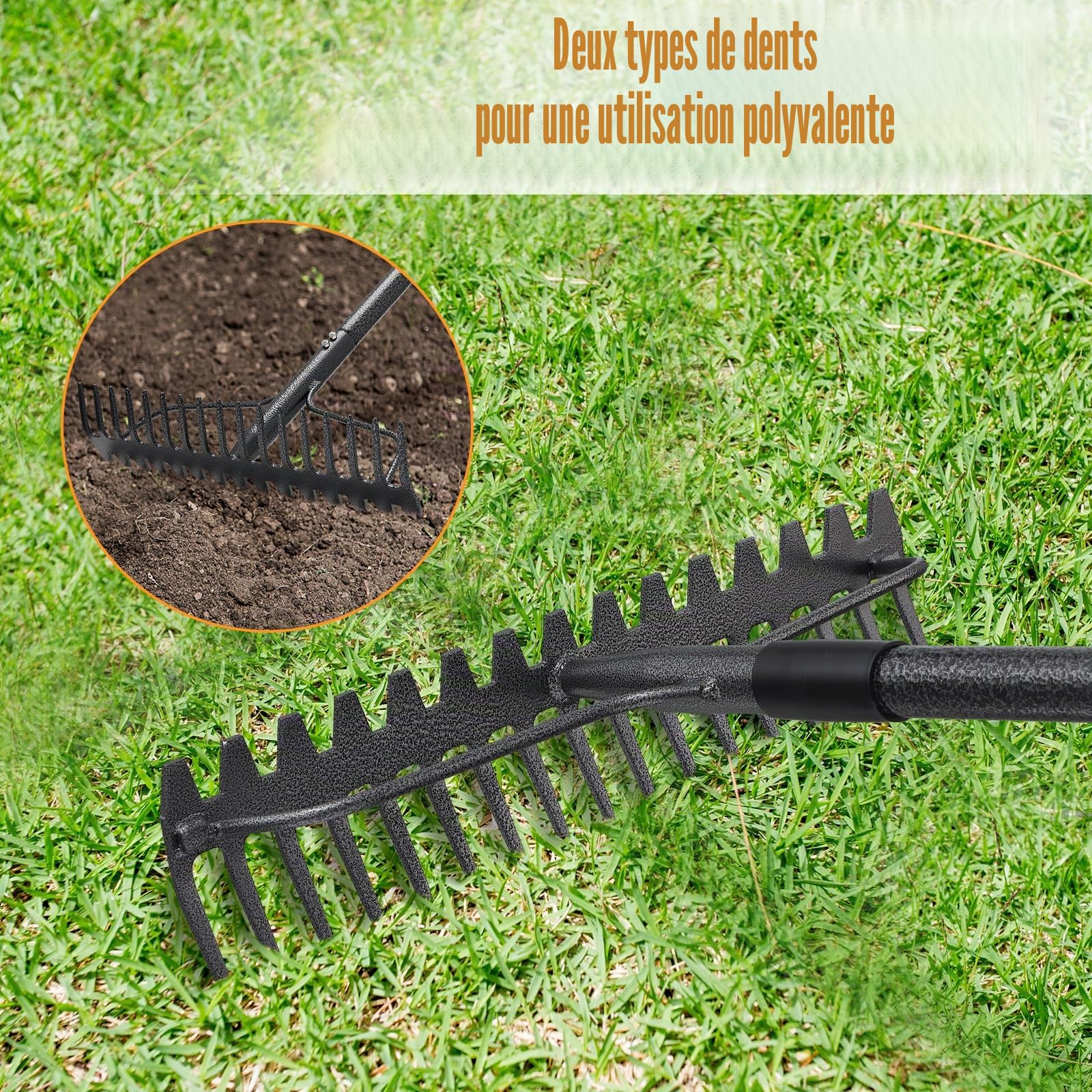 Râteau à Arc, râteau métallique à 17 Dents, râteau de Jardin Robuste de 4 FT avec Manche en Acier Inoxydable, Gris