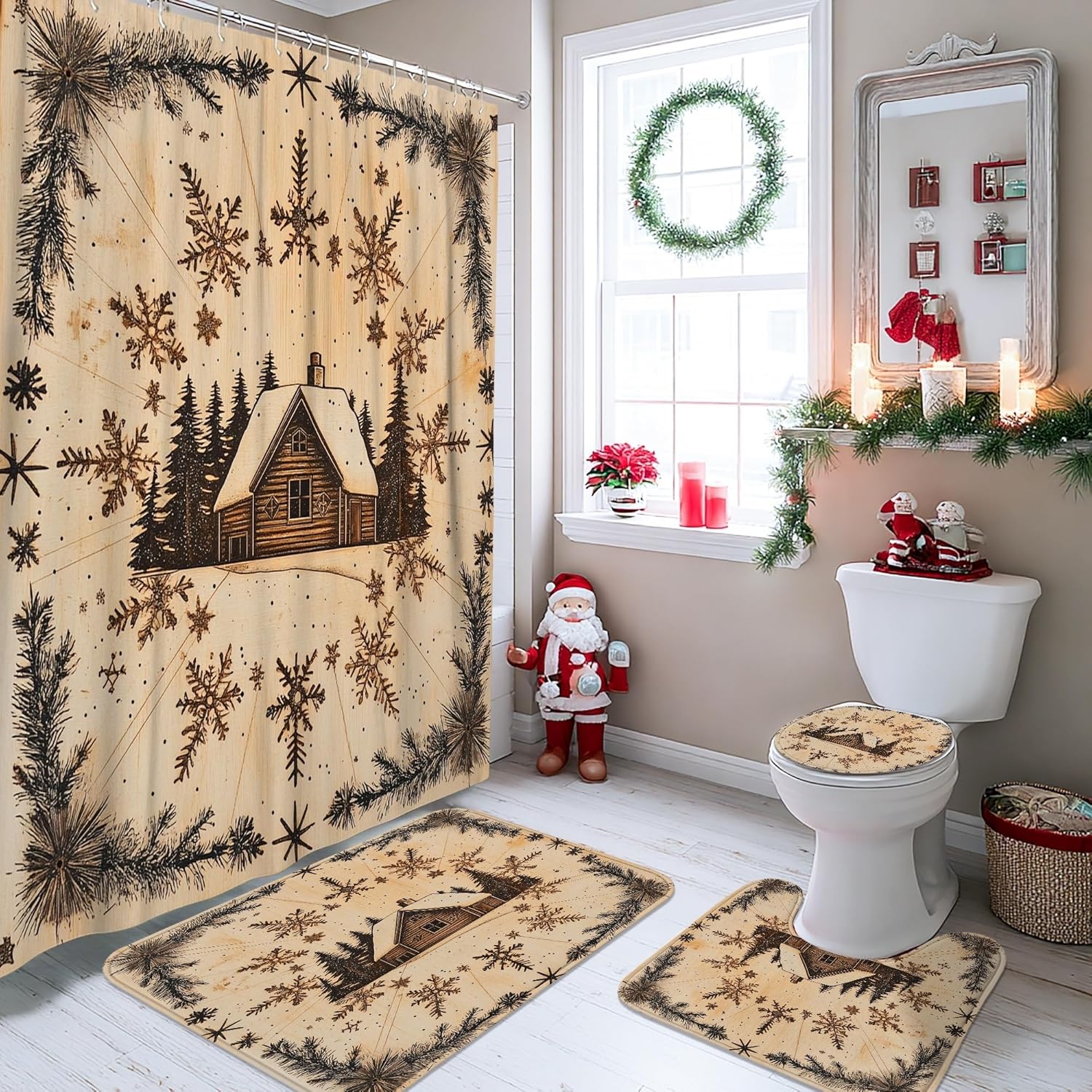 4PCS Winter Farmhouse Christmas Bathroom Sets, Bath with Non-Slip Rug, U Shape Toilet Lid Cover Mat, Aesthetic Retro Xmas Country Bathroom Decor-72''x72''