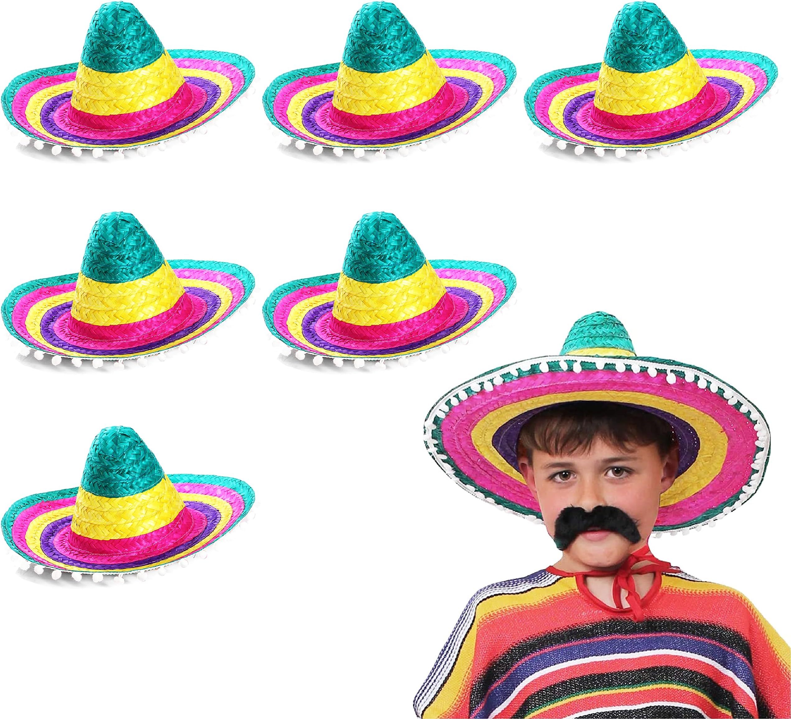 Kids Mexican Multicoloured Sombrero With Pom Pom Edges Fancy Dress Accessory Hat Straw Holiday