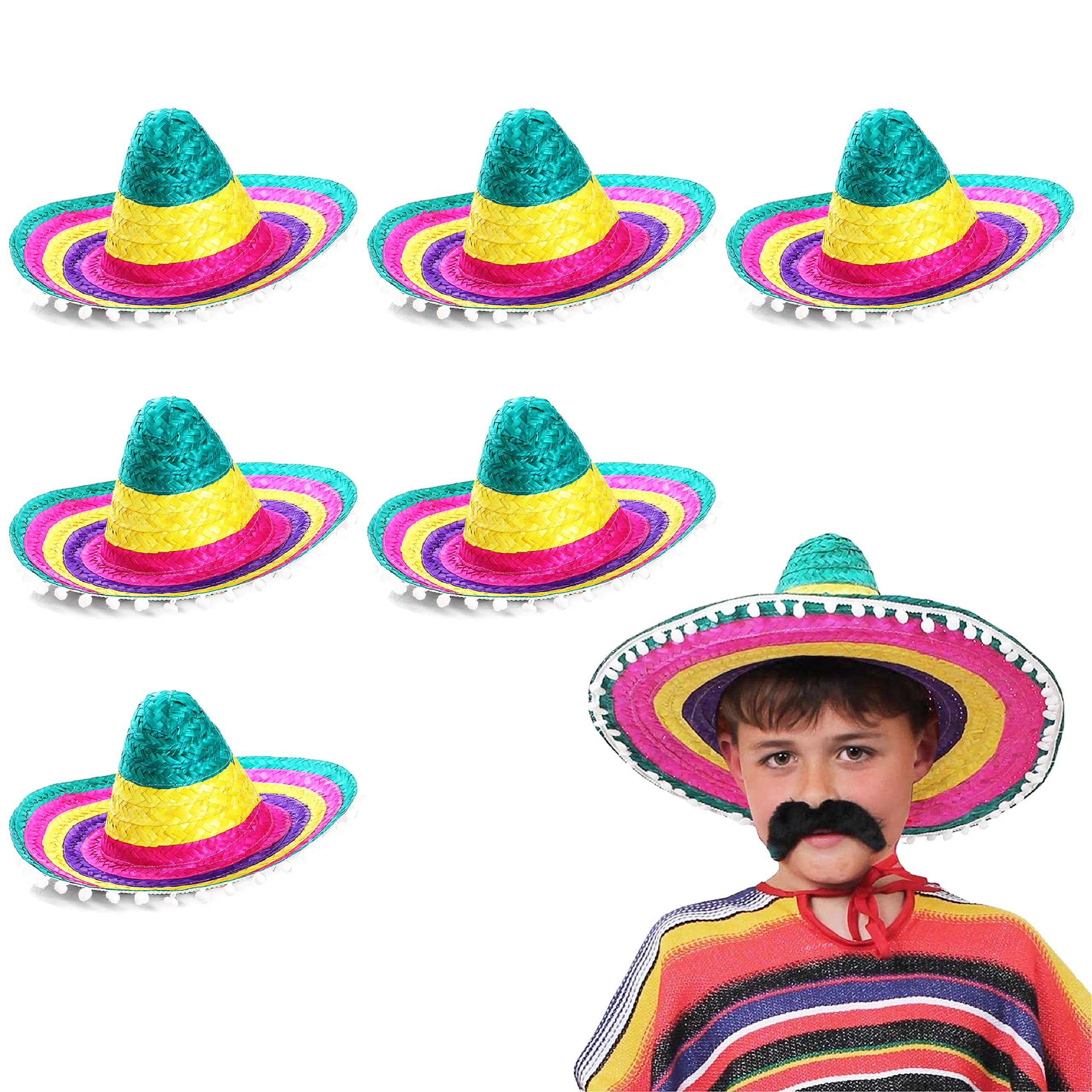 Kids Mexican Multicoloured Sombrero With Pom Pom Edges Fancy Dress Accessory Hat Straw Holiday