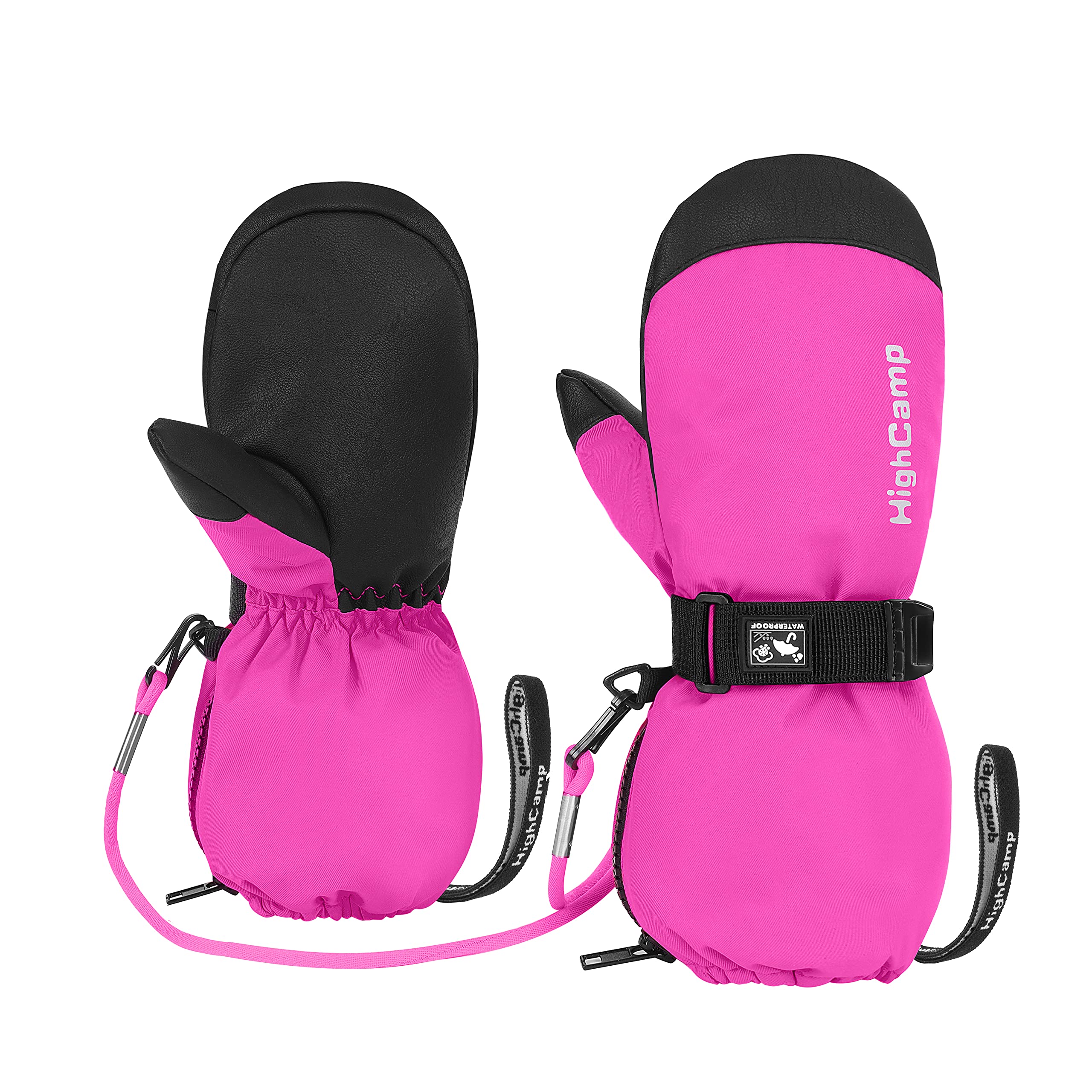HIGHCAMP Kids Waterproof Snow Ski Gloves w/Zipper &amp; String on Long Cuff Cold Weather Mitten for Toddler &amp; Youth Boys Girls