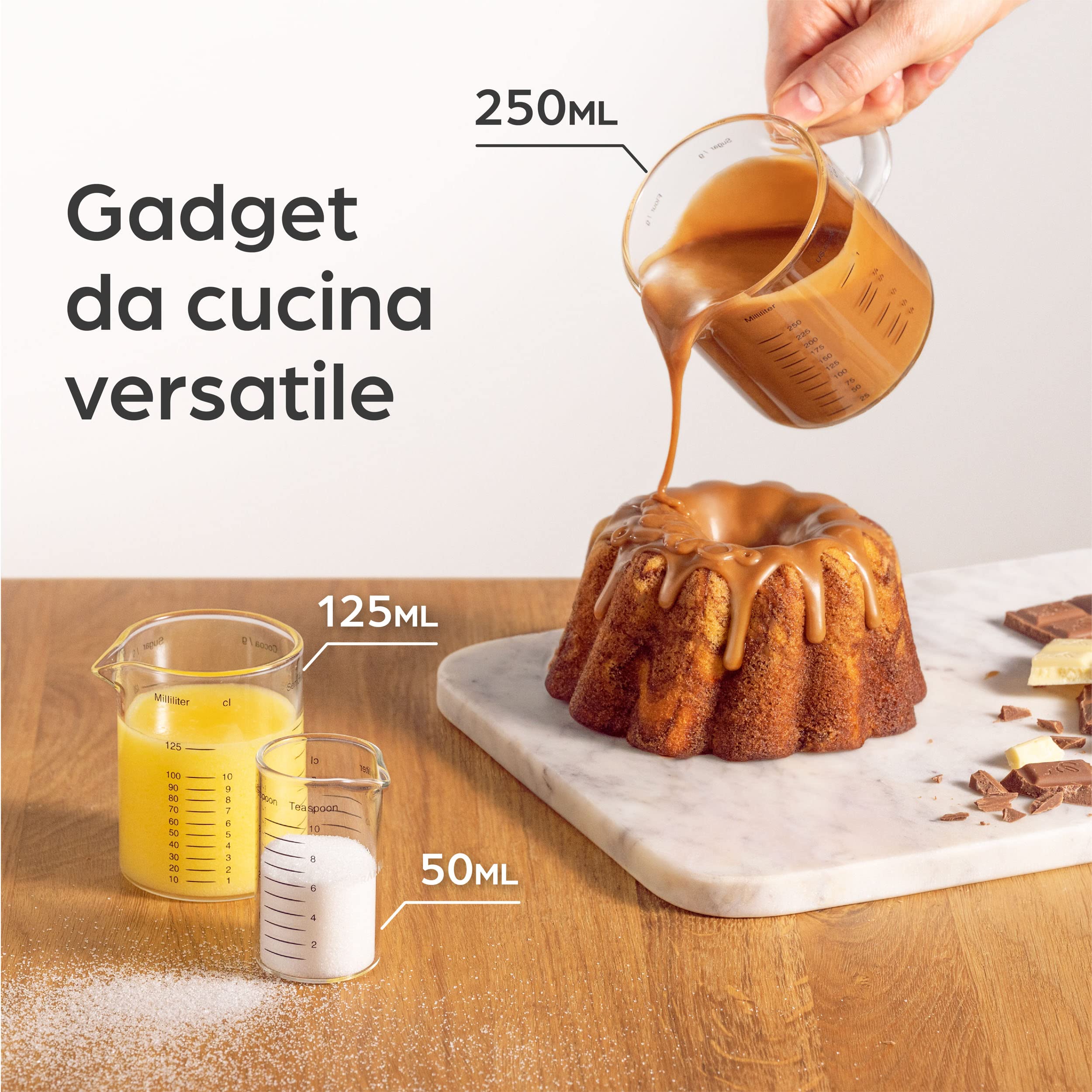 Praknu Brocca Graduata in Vetro - 50ml, 125ml, 250ml - Scala Precisa - Impilabile - Resistente al Calore e al Microonde.