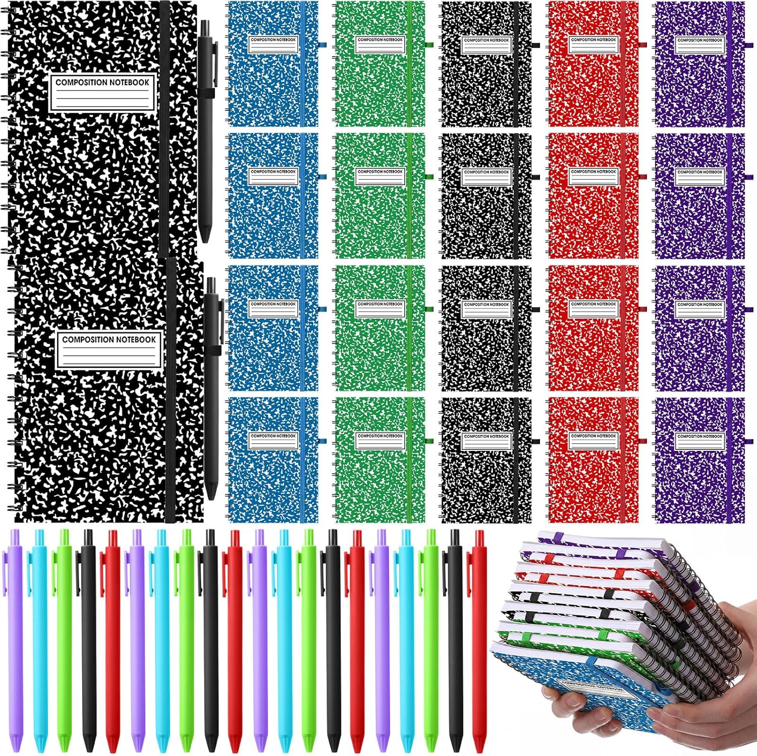 Fulmoon 24 Set Mead Composition A6 Spiral Notebook with Ballpoint Pens 50 Sheets, 4"x 6" Singer Small College Ruled Notepads Color Marble Journaling Notebooks Bulk for Back to School Supplies Offices