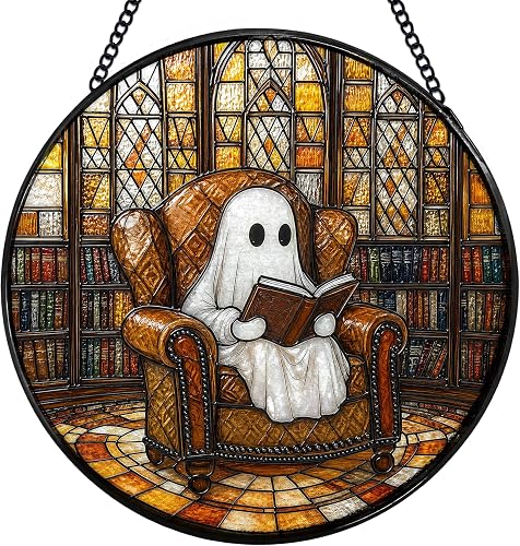 JMENGSSFL Halloween Ghost Book Lover Stained Glass Suncatcher 7.9x7.9 inch