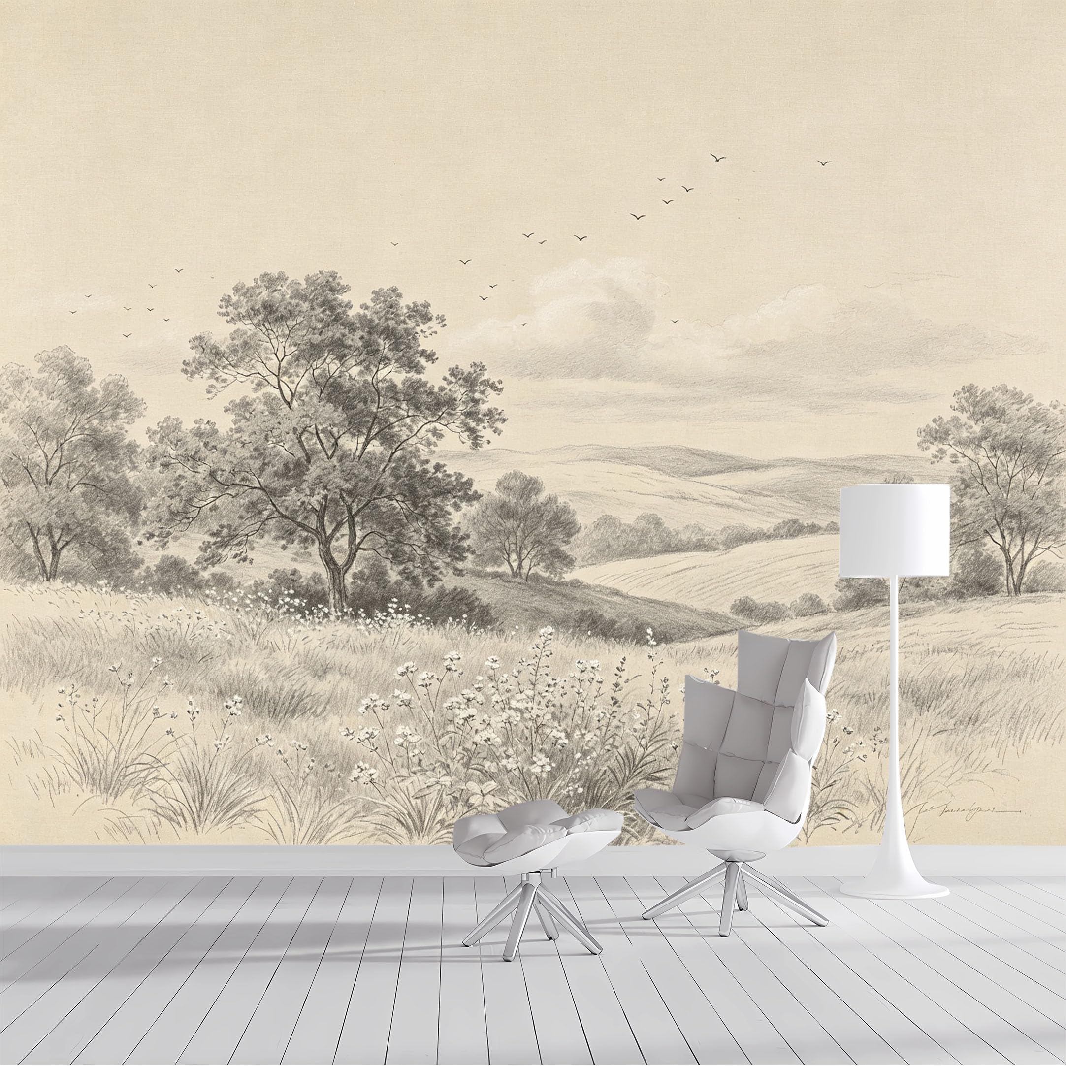 Custom Size Wall Mural Pastoral Meadow Landscape Sketch Rustic Countryside Nature SelfAdhesive Wall Fabric Removable Peel and Stick Wallpaper Wall Decor for Living Room Bedroom Bathroom