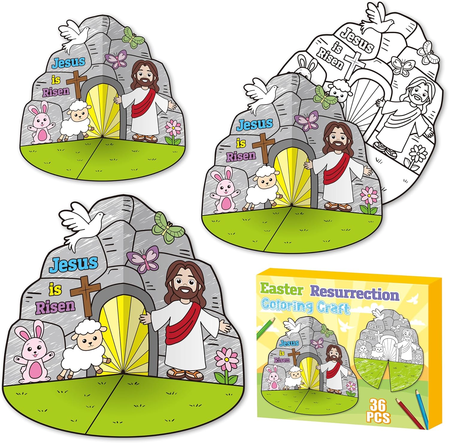 CY2SIDE Religious Jesus Resurrection Coloring Craft - 36PCS Color Your Own 3D Empty Tomb of Jesus is Risen Scene Craft for Kid DIY Christian Party Gift for Sunday School Classroom Home Fun Project