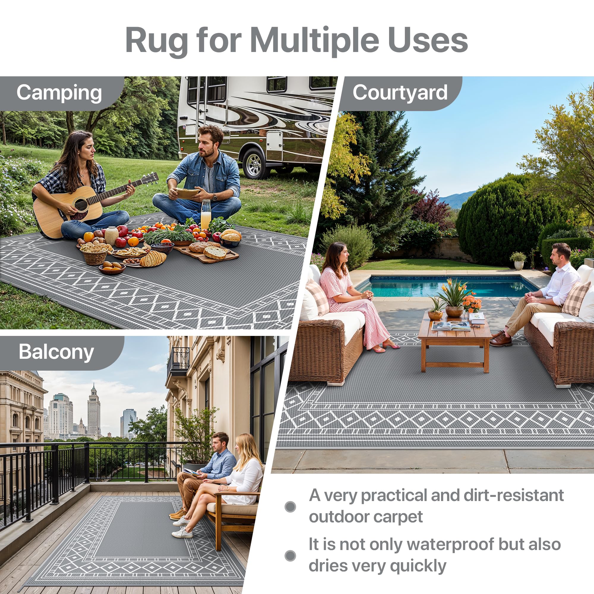 GENIMO Tappeto da Esterno 150x240 cm in Plastica Impermeabile Lavabile Reversibile, Vintage Grigio/Bianco per Terrazza Giardino Camper Picnic Balcone