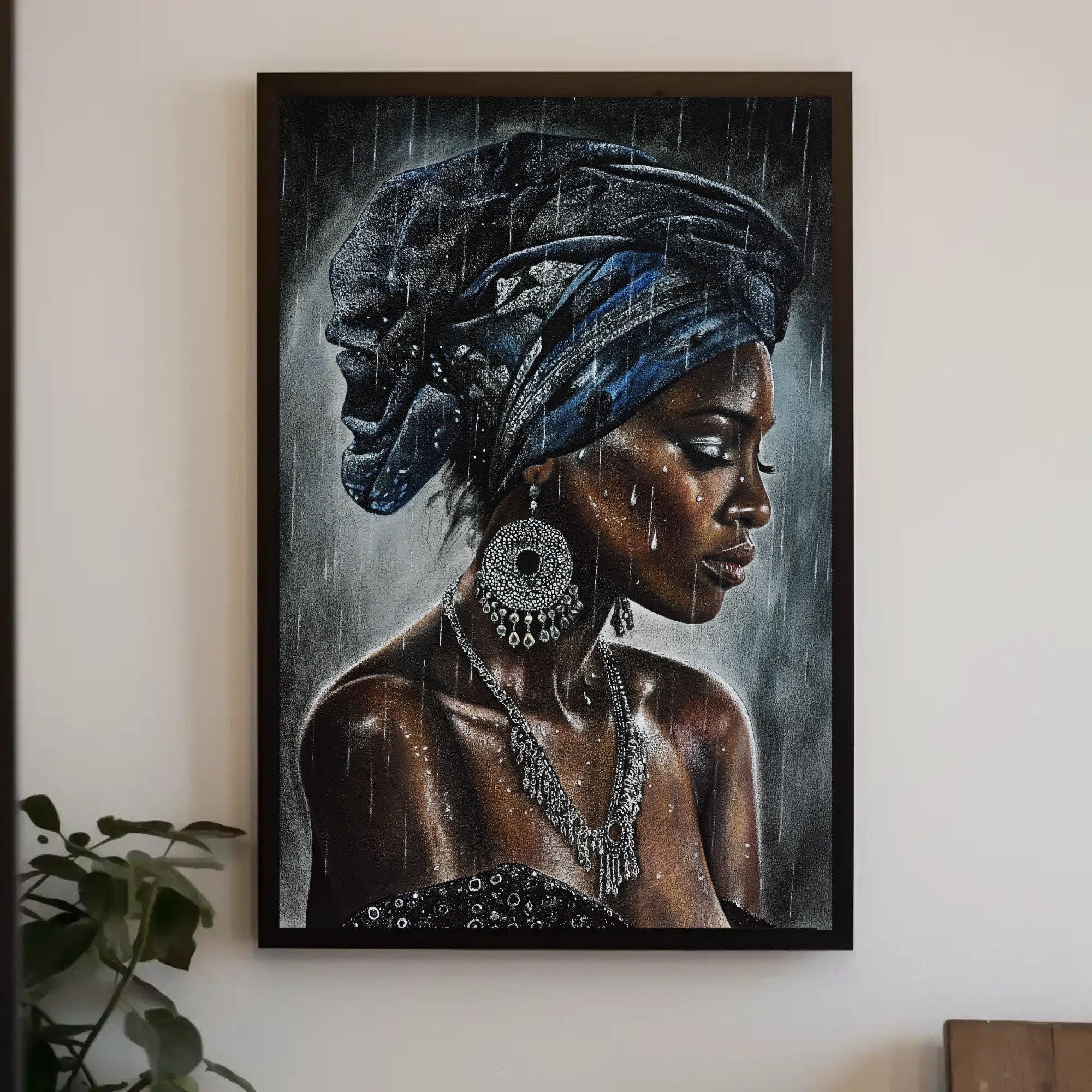Tableau femme africaine sous la pluie toile bohème 70x110cm - 8