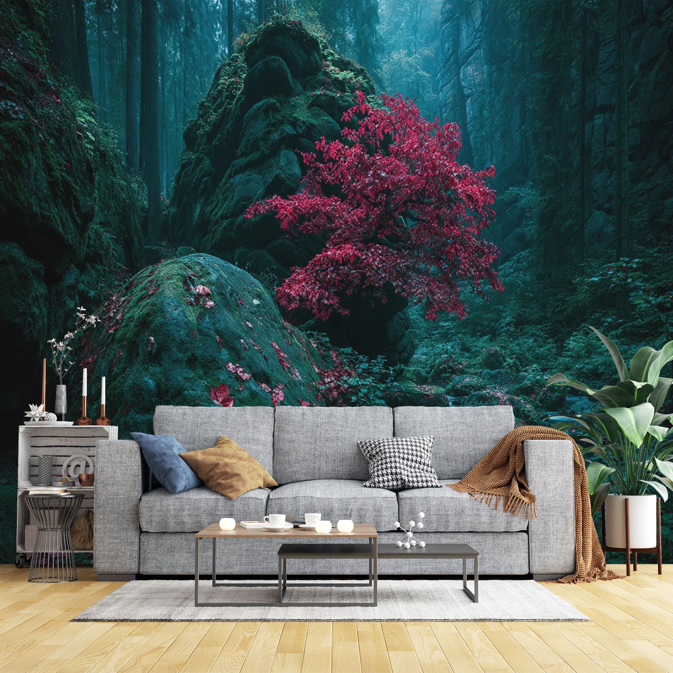 Custom Size Wall Murals Red Maple Tree in Misty Forest Wall Murals Moody Nature Wallpaper, 3D Self-Adhesive Removable Wallpaper for Bedroom