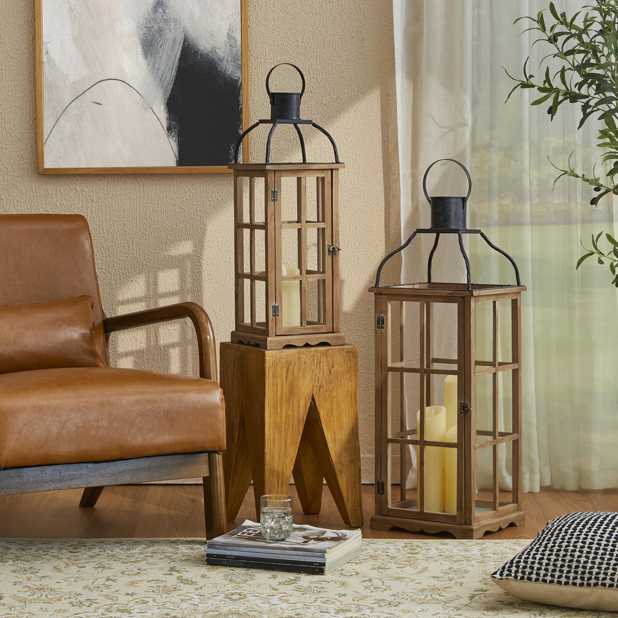 Glitzhome Dekorative Kerzenlaternen, Set mit 2 Holzlaternen im Landhausstil, für Veranda, Terrasse, Garten, Balkon, Hochzeit, Tischdekoration (kein Glas)