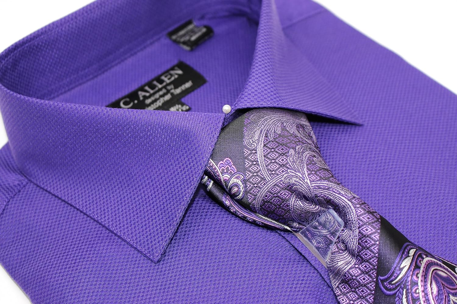 C. Allen Men's Solid Square Pattern Regular Fit French Cuffs Dress Shirts with Tie Hanky Cufflinks Combo - Image 3