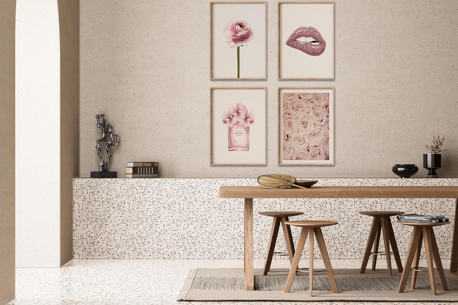 Poster Master 4-Piece Fashion Print - Flower Poster - Perfume, Pink Rose & Glitter Lips Art - Gift for Men, Women & Fashionista - Glam Decor for Living Room or Dorm - 8x10 UNFRAMED Wall Art