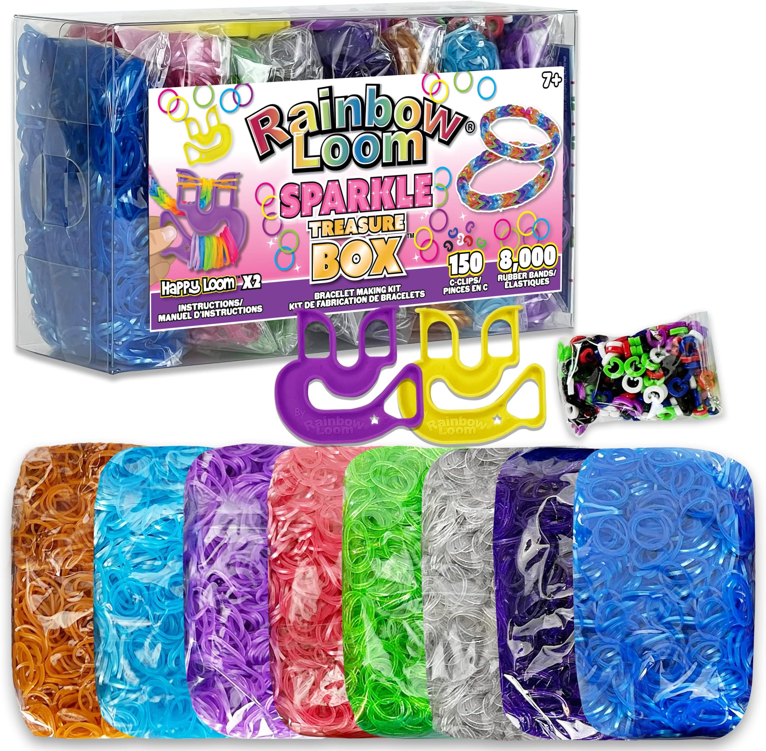 Rainbow Loom Treasure Box Sparkle Edition 8,000 Rubber Bands in 8 Glitter Colors, 2 Happy Loom Bonuses, Great Activity for Boys and Girls Ages 7+