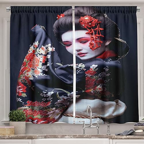 Miniatura 15 de Lunarable Cortinas de cocina de pavo real, pájaro abstracto, exquisita cola, pavo Cristatus indígena, juego de 2 paneles para decoración de cocina