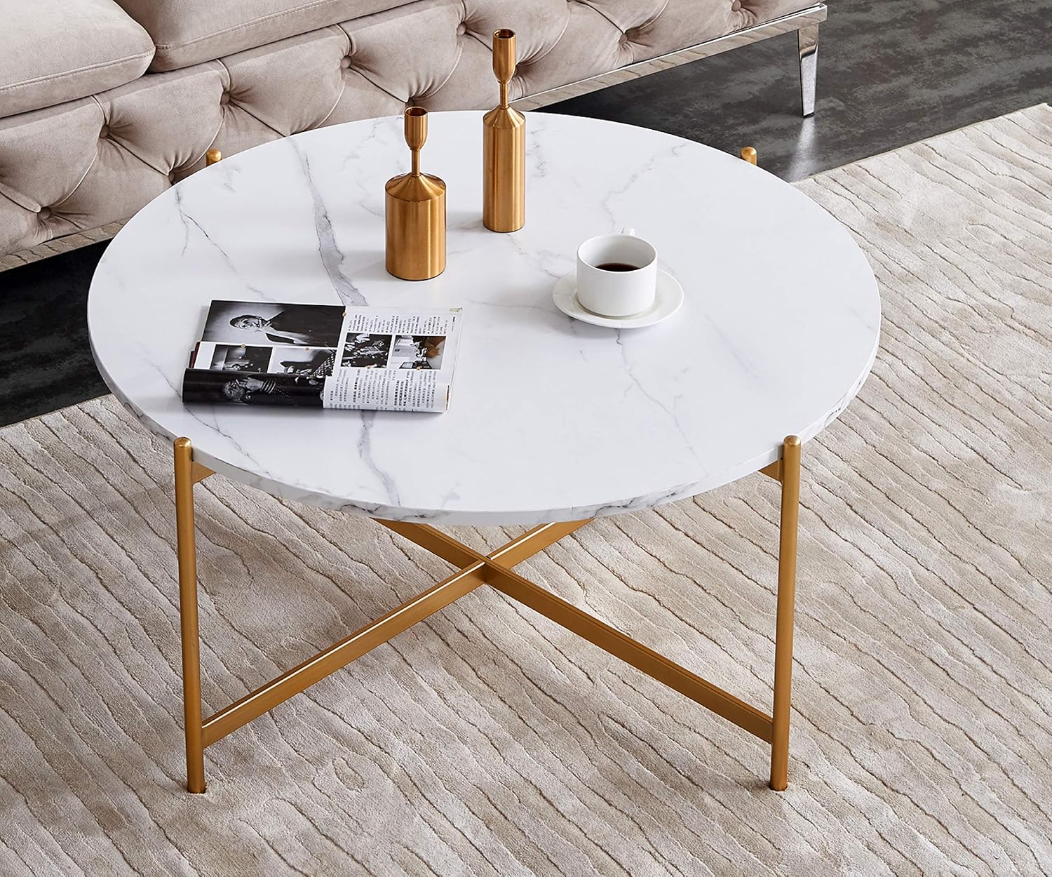 Lifeisbetter 36in Modern Round Shelf Storage Coffee Table with Large Storage Space,Glass Accent Side Tables for Living Room,Dining Room,Metal Frame (Golden)