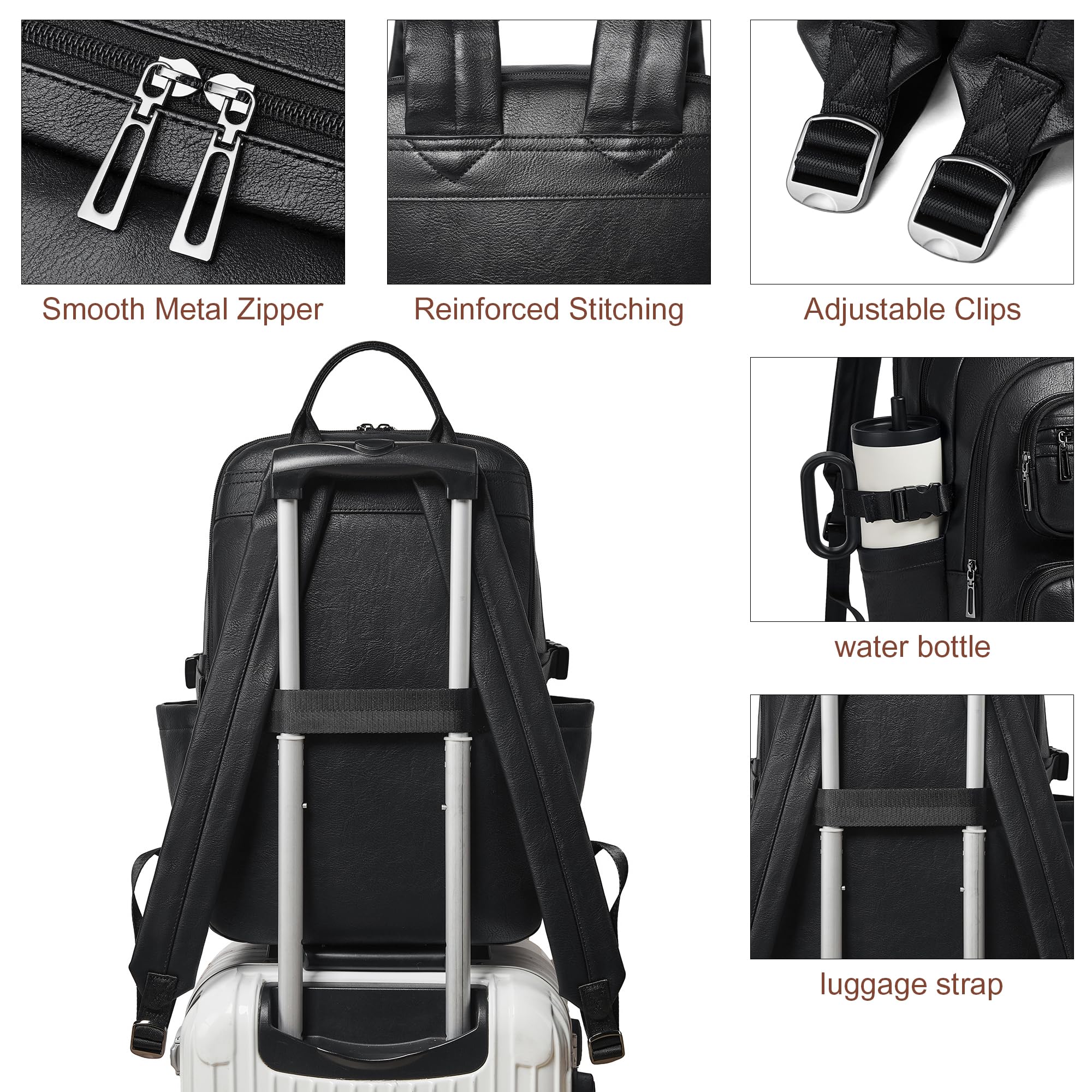 Mochila de cuero vegano, mochila de viaje TSA para hombres y mujeres, se adapta a laptop de 17.0 pulgadas con correa de equipaje, color negro