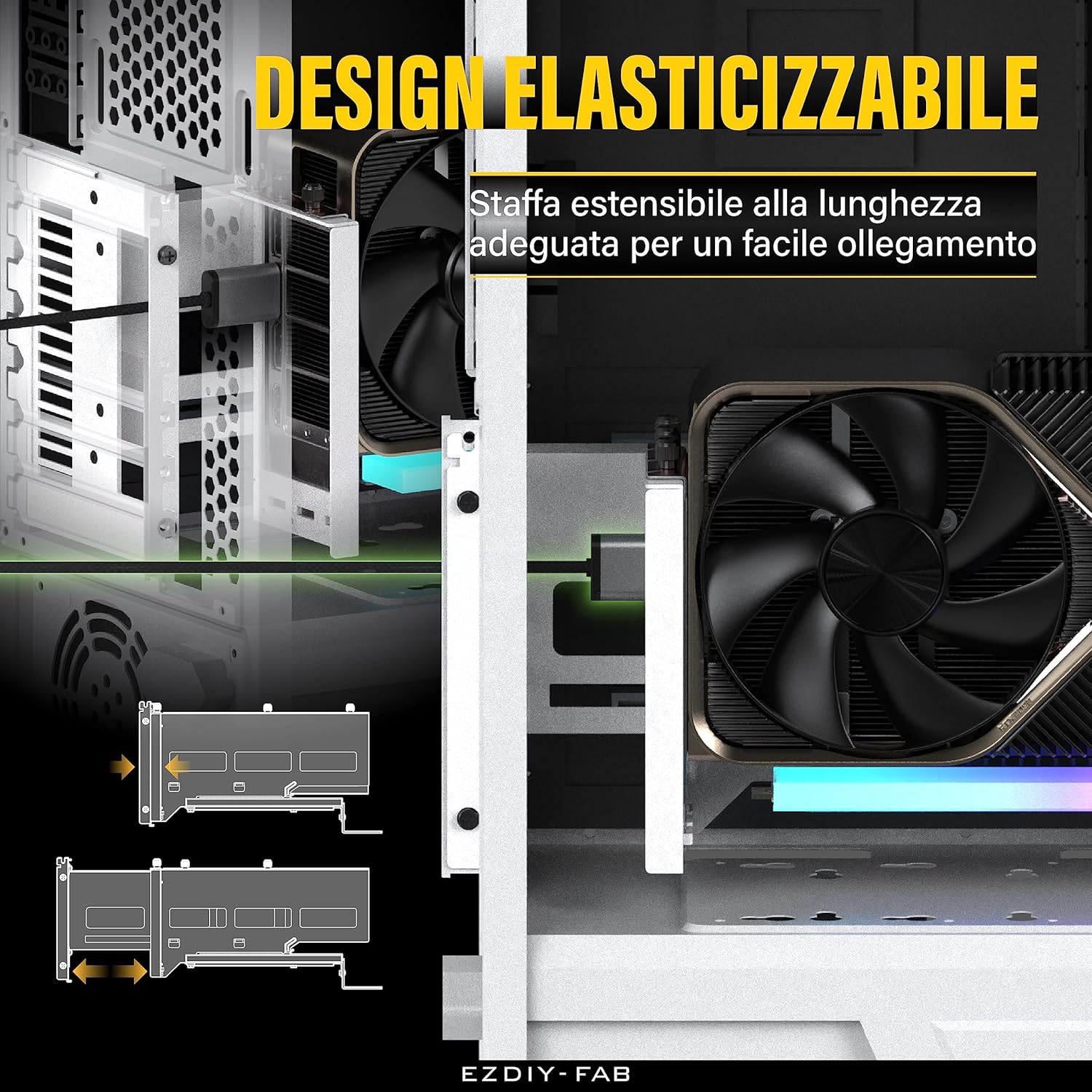 EZDIY-FAB Supporto Verticale per GPU PCIe 4.0 con Modulo LED ARGB 5V 3Pin,kit di Supporto per Schede Video con Cavo Riser Bianco PCIe 4.0 X16 Gen4 da 17cm/6,69inch ad Angolo Retto di 90 Gradi-Bianco