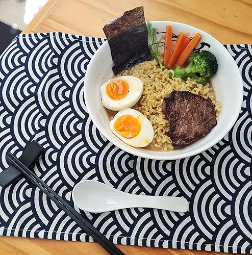 Miniatura 7 de Juego de 4 tazones de ramen, 12 piezas Pho, sopa japonesa asiática gris y blanca. Utensilio cucharas y palillos. Melamina. Fideos grandes de 37