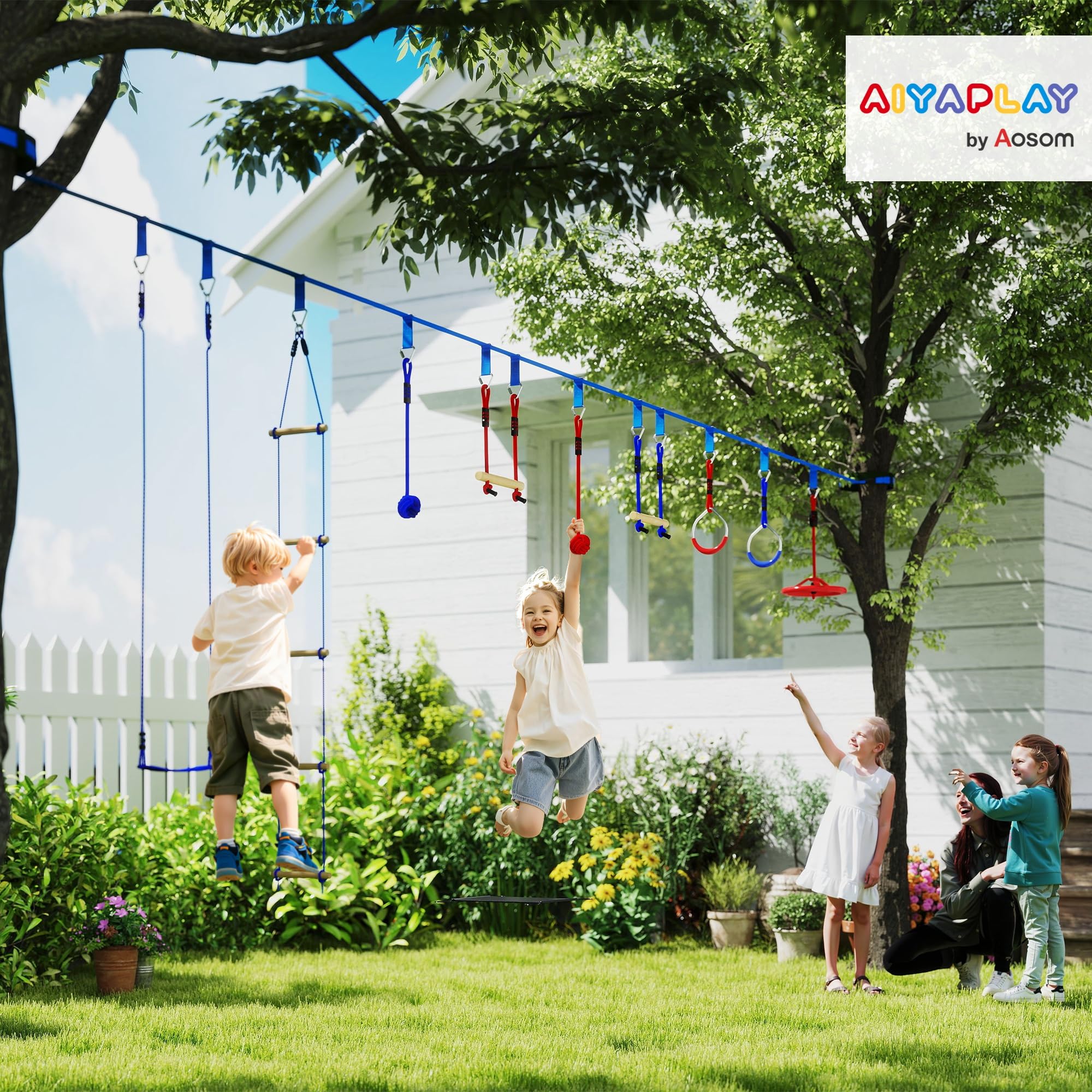AIYAPLAY Ninja Line Kinder 10m Slackline Set mit Turnringe, Schaukel, Kletterleiter, Baumschutz, Kletterstangen, Hängetablett Outdoor Spielset Ausrüstung für 3-6 Jahre Kinder Blau+Rot