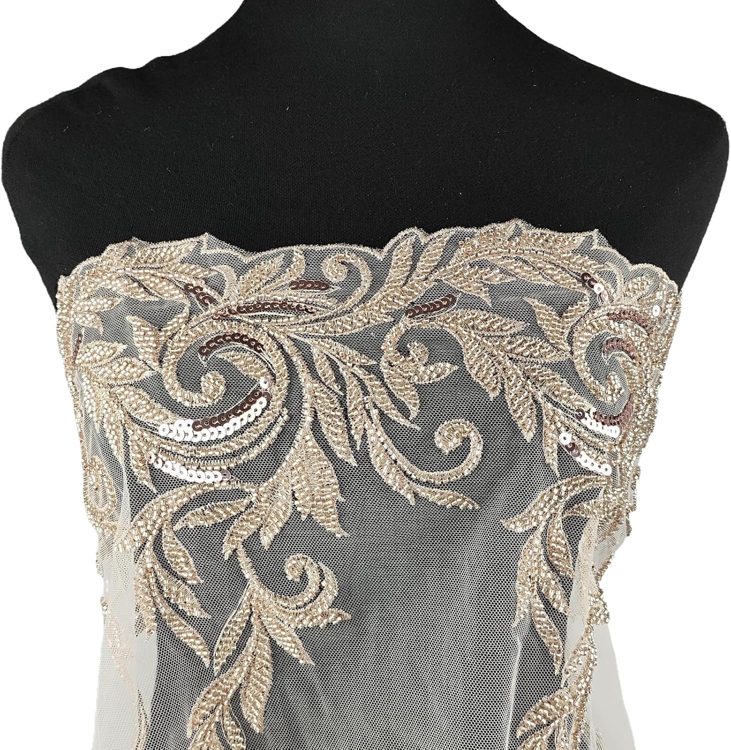 1 Yard Champagne 3D Floral Lace Applique - Sew On Sequin Bead Fabric Lace Patches Embroidered Trim for Wedding Dress Decor DIY Sewing Clothing Applique