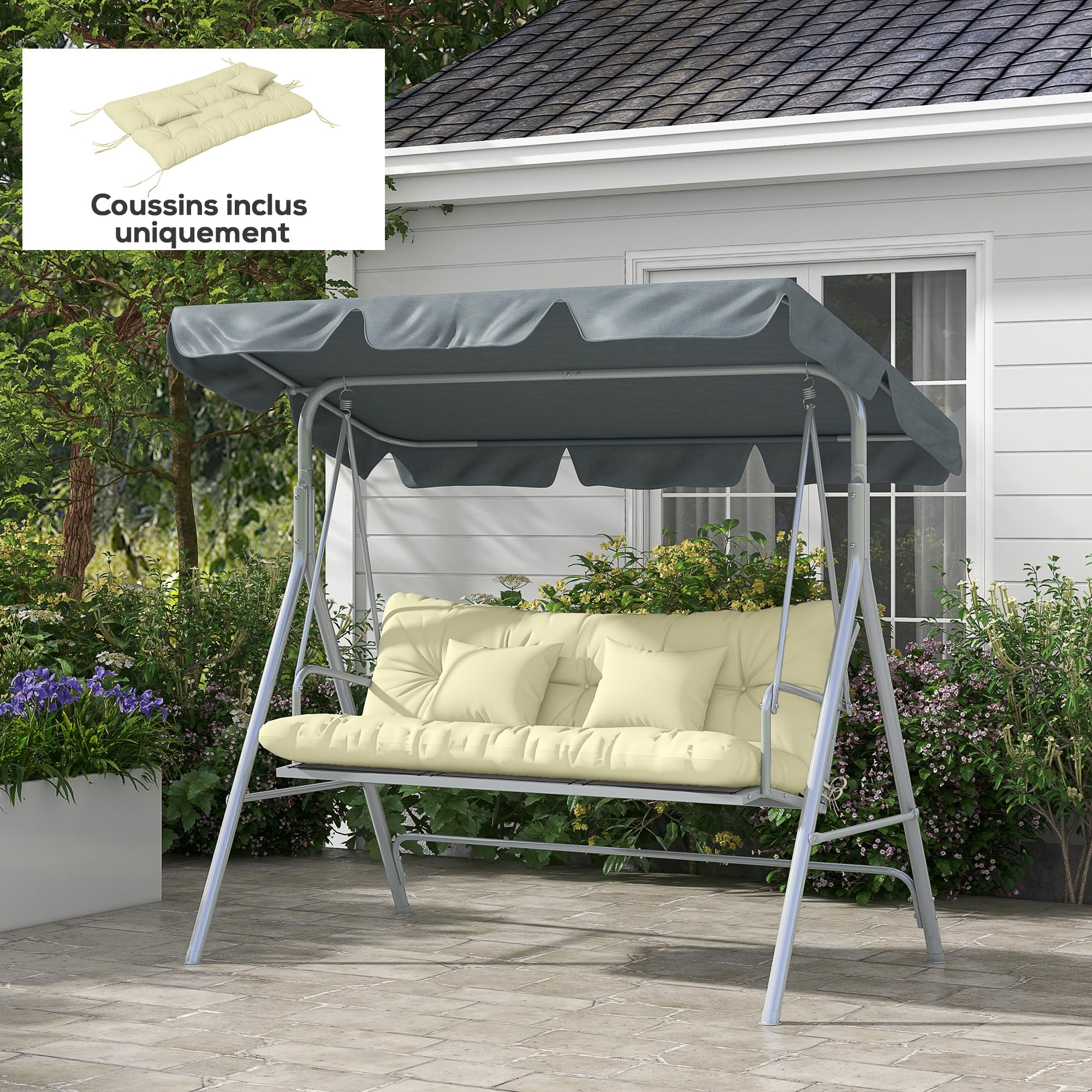 Outsunny Ensemble de 4 Coussins d'Extérieur pour Balancelle de Jardin Crème | Coussin d'Assise, de Dossier, 2 Oreillers