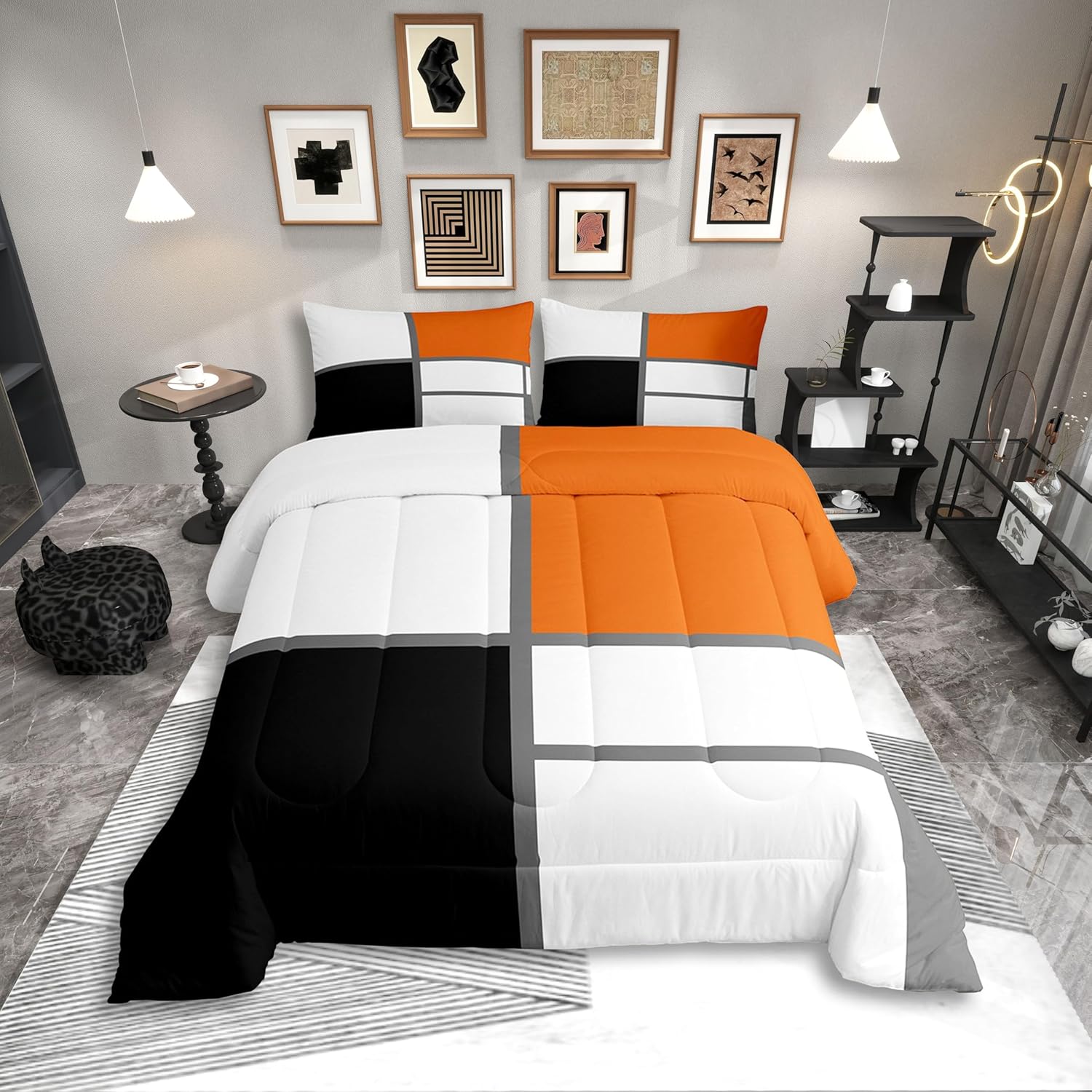 Erosebridal Geometric Abstract Queen Comforter Set for Adult Women Men Blue and White Striped Bedding Set Square Grid Bed Set Modern Art Patchwork Quilt Set for Minimalist