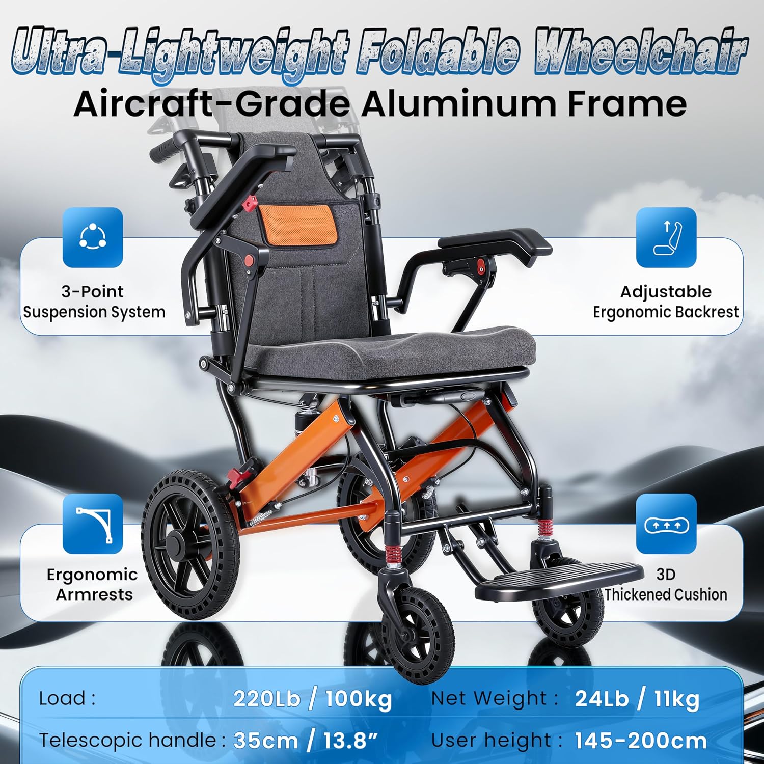 Super Lightweight Transport Wheelchair, Upgraded Adjustable Backrest Lightweight Wheelchair, Foldable Wheelchairs with Telescopic Handle, Backpacks,Travel Bags, Inflatable Seat Cushions