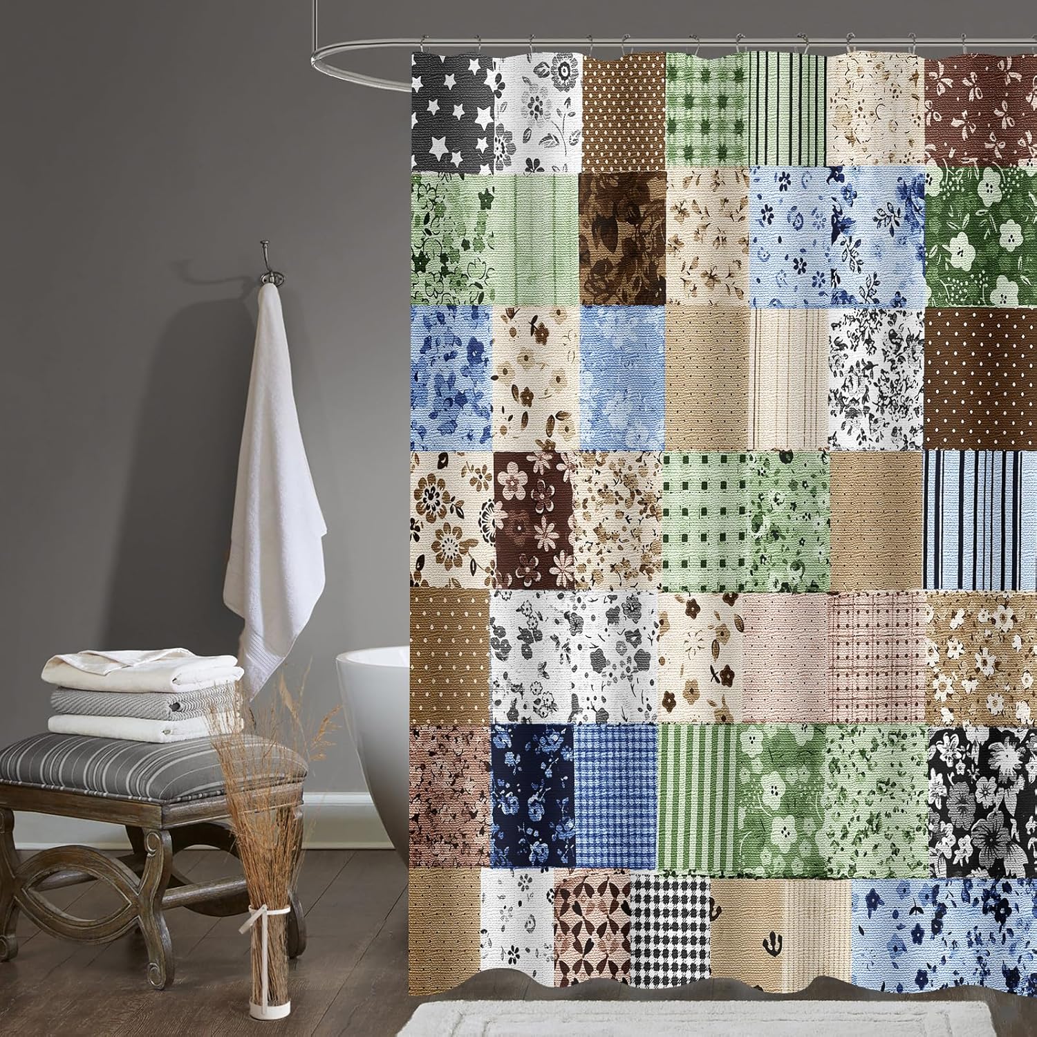 Boho Floral Shower Curtain, Rural Wildflower Splicing Shower Curtains, Home Decoration Art Shower Curtain, with Hooks, Waterproof Washable Upgraded Polyester Fiber Belt, 72x78 in, 12 Hooks