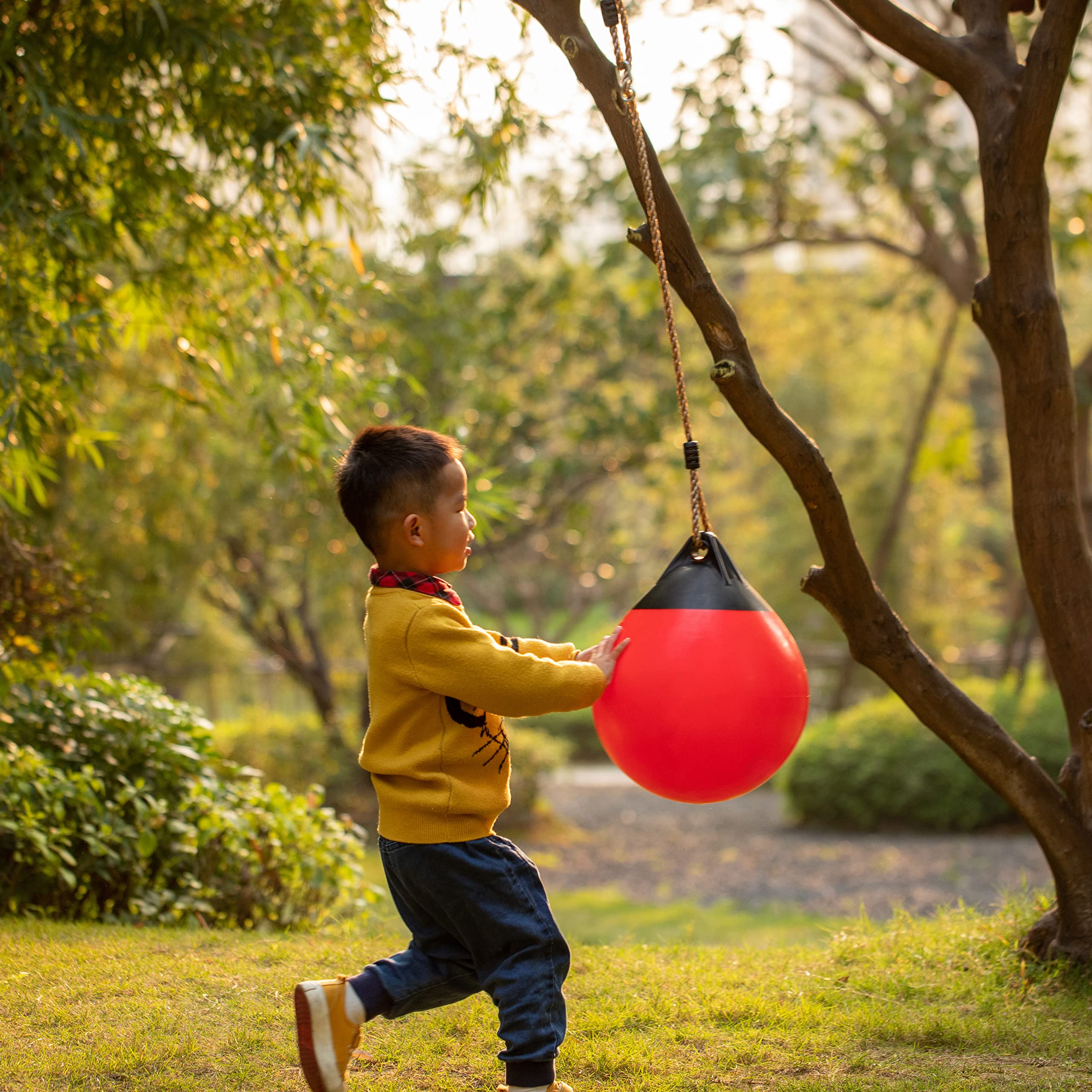 Red Outdoor Patio Playground Hanging Adjustable Ball Round Swing, Inflatable Heavy Duty Rubber Round Swing Ball, Pump Included