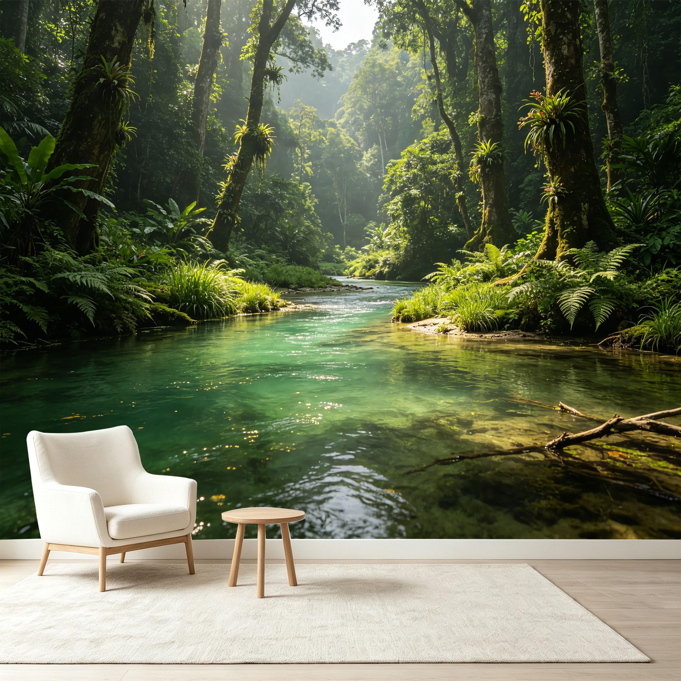Custom Size Wall Murals Tropical Jungle Landscape River Sunbeams Botanical Self-Adhesive Wall Fabric Removable Wallpaper Wall Decor for Living Room Bedroom Bathroom