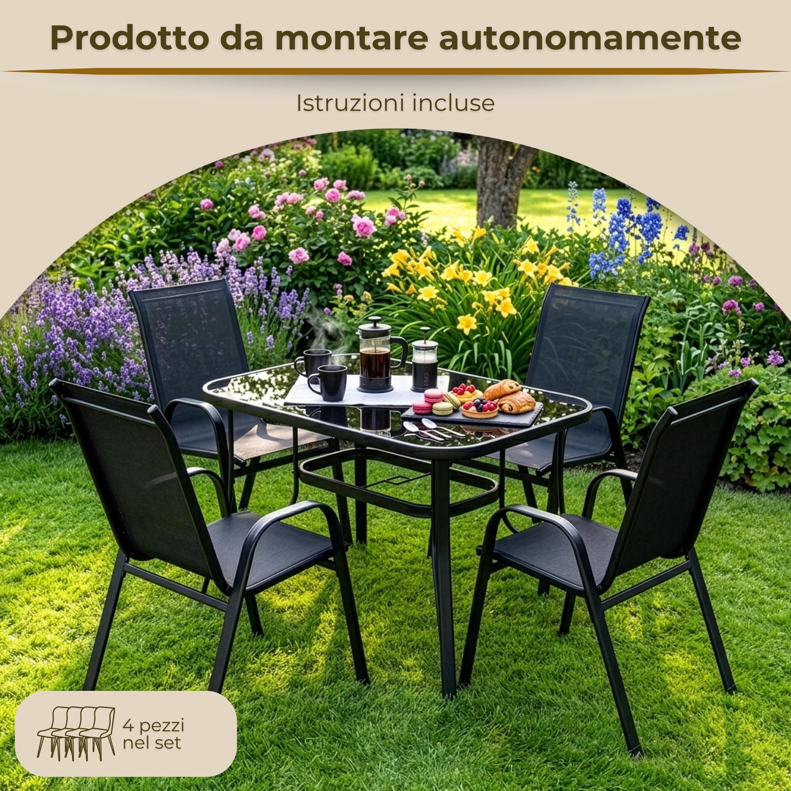 SPRINGOS Set di 4 sedie da giardino, impilabili, per esterni, terrazza, balcone, con seduta in textilene e struttura in acciaio, resistenti alle intemperie, per giardino, balcone, terrazza, campeggio